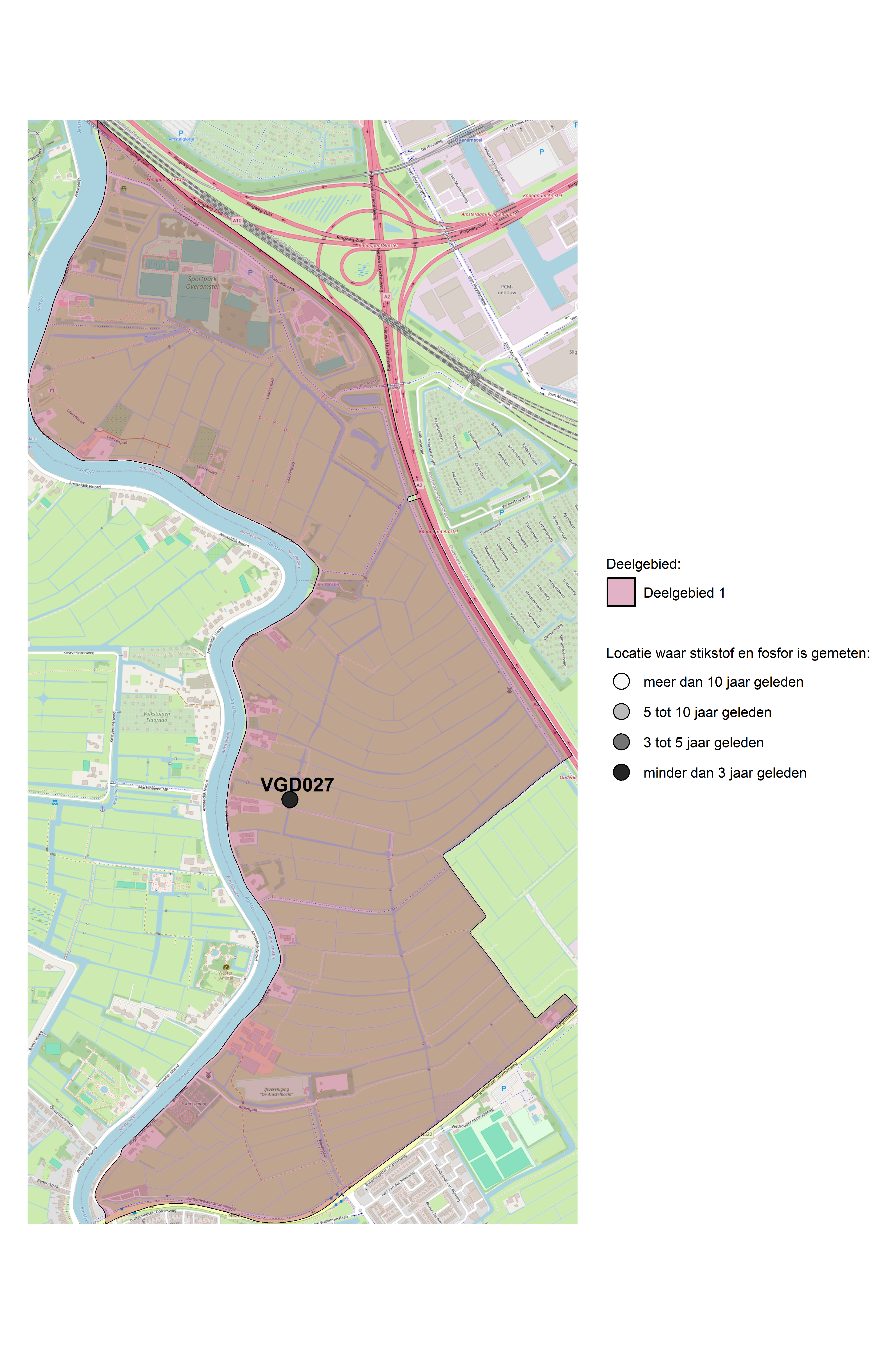 Figure 1: Kaart met meetlocaties waar stikstof en fosfor zijn gemeten. Het laatste meetjaar waarin een locatie is bemonsterd, is weergegeven in verschillende tinten grijs.