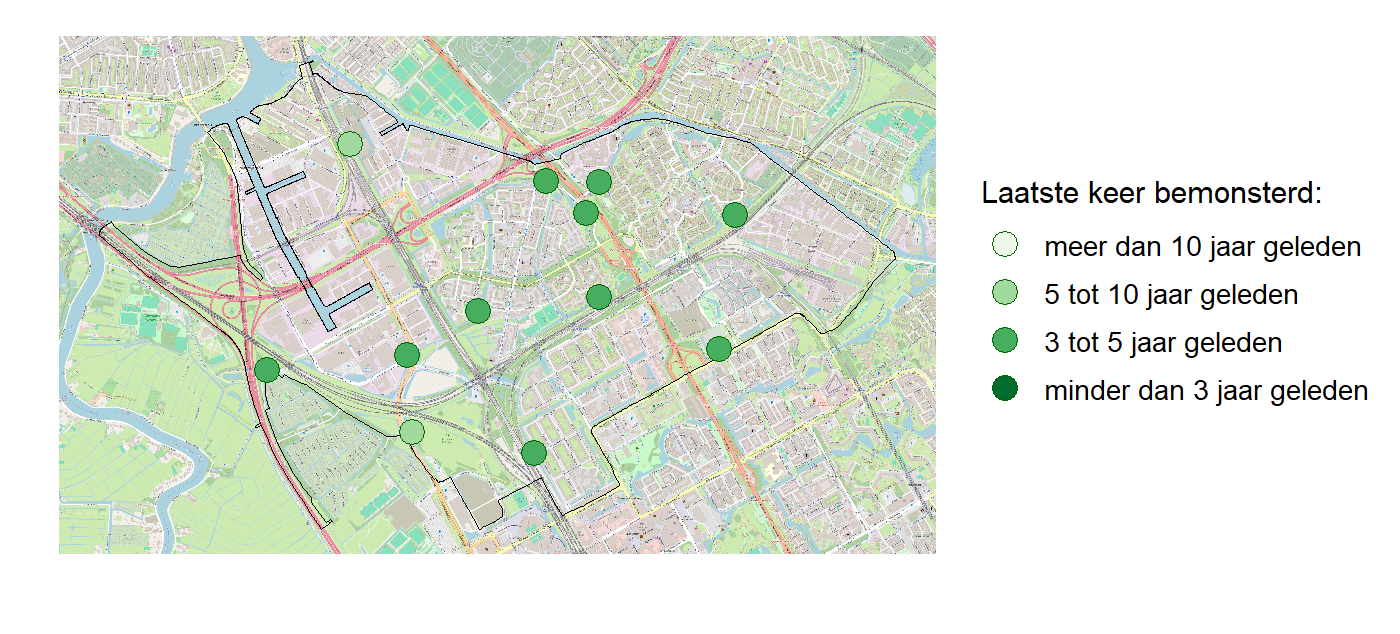 Kaart met meetlocaties waar waterplanten worden gemeten (groene stippen). Het laatste meetjaar waarin een locatie is bemonsterd is weergegeven in verschillende tinten groen.