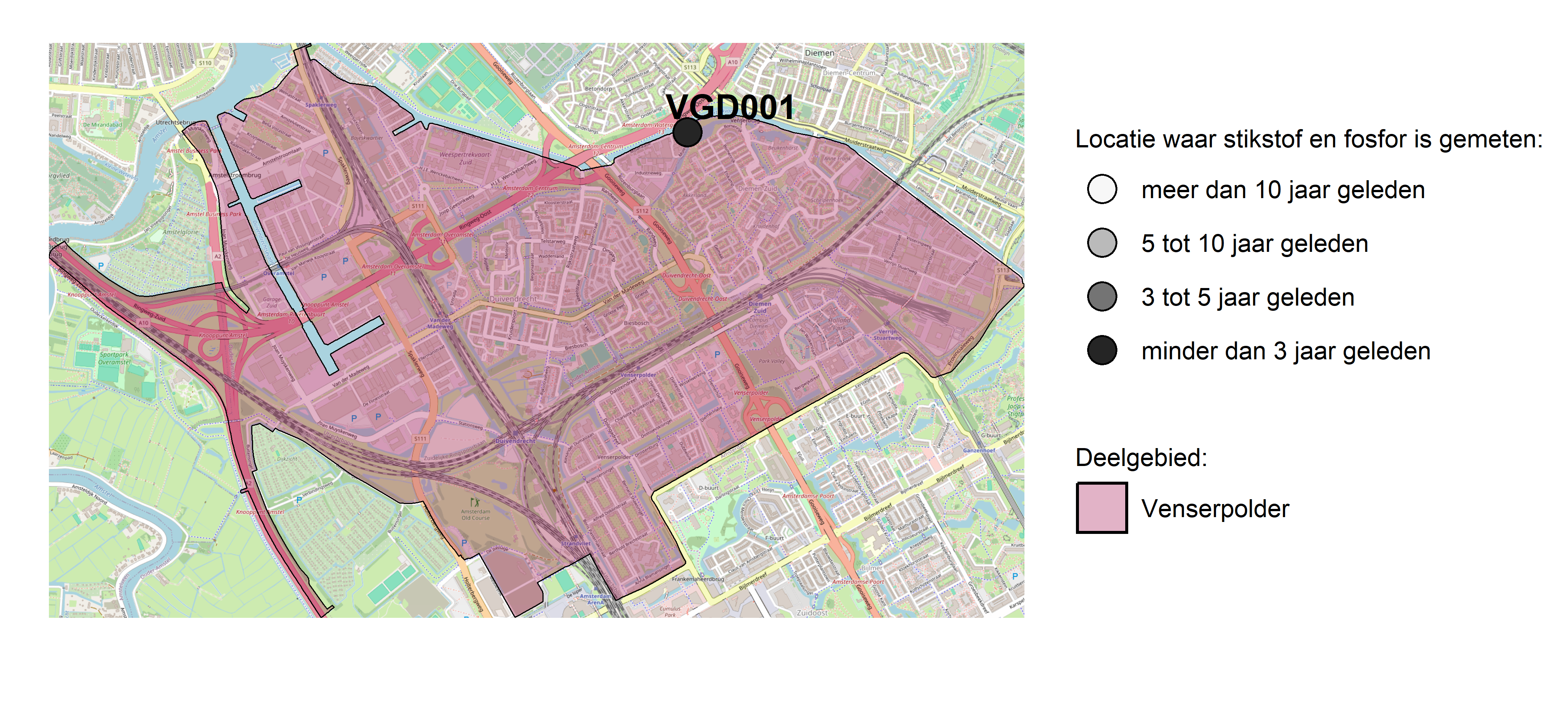 Figure 1: Kaart met meetlocaties waar stikstof en fosfor zijn gemeten. Het laatste meetjaar waarin een locatie is bemonsterd, is weergegeven in verschillende tinten grijs.