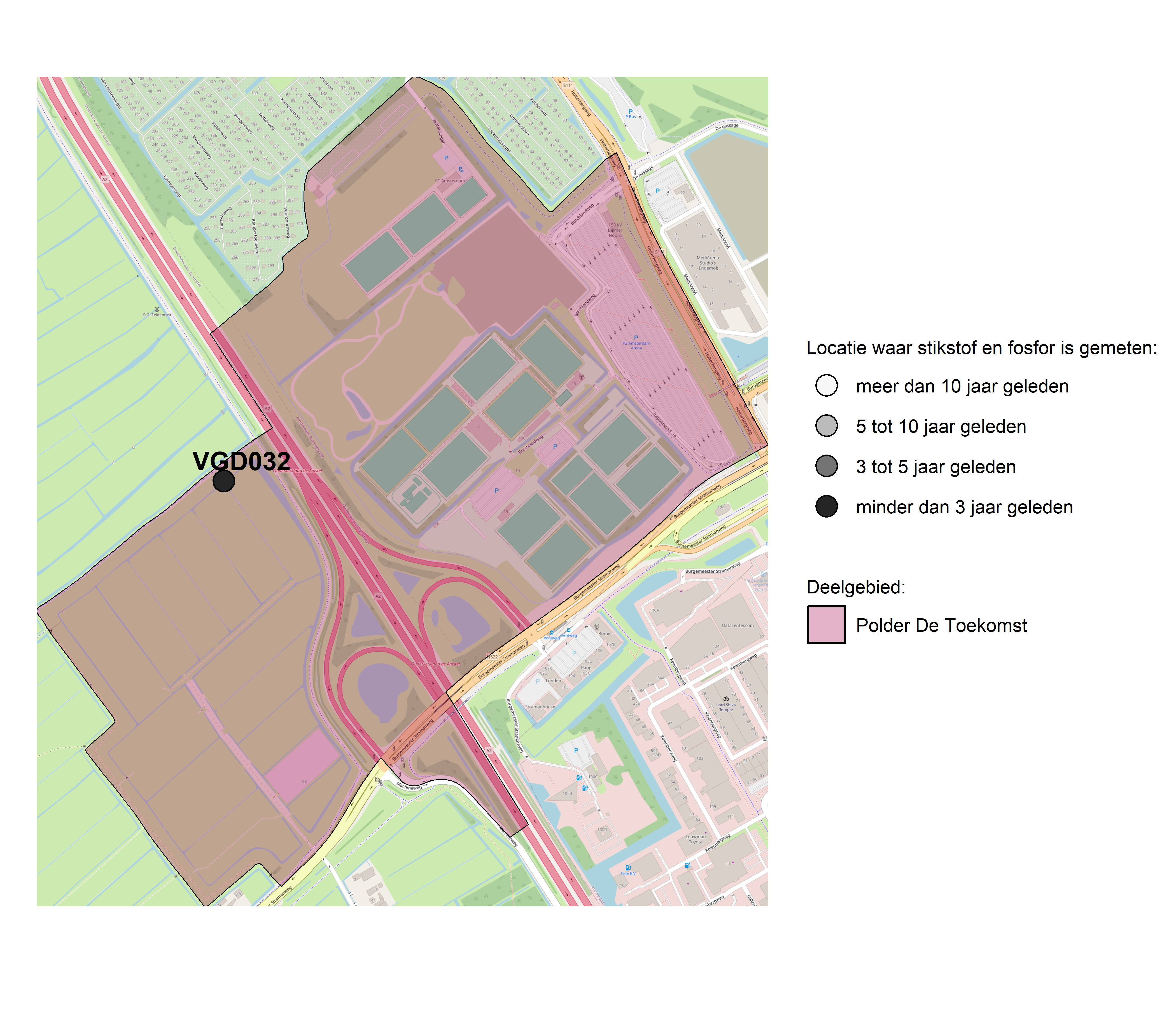 Figure 1: Kaart met meetlocaties waar stikstof en fosfor zijn gemeten. Het laatste meetjaar waarin een locatie is bemonsterd, is weergegeven in verschillende tinten grijs.