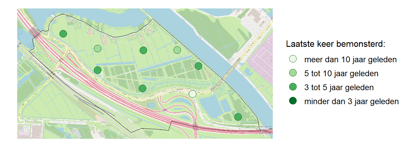 Kaart met meetlocaties waar waterplanten worden gemeten (groene stippen). Het laatste meetjaar waarin een locatie is bemonsterd is weergegeven in verschillende tinten groen.