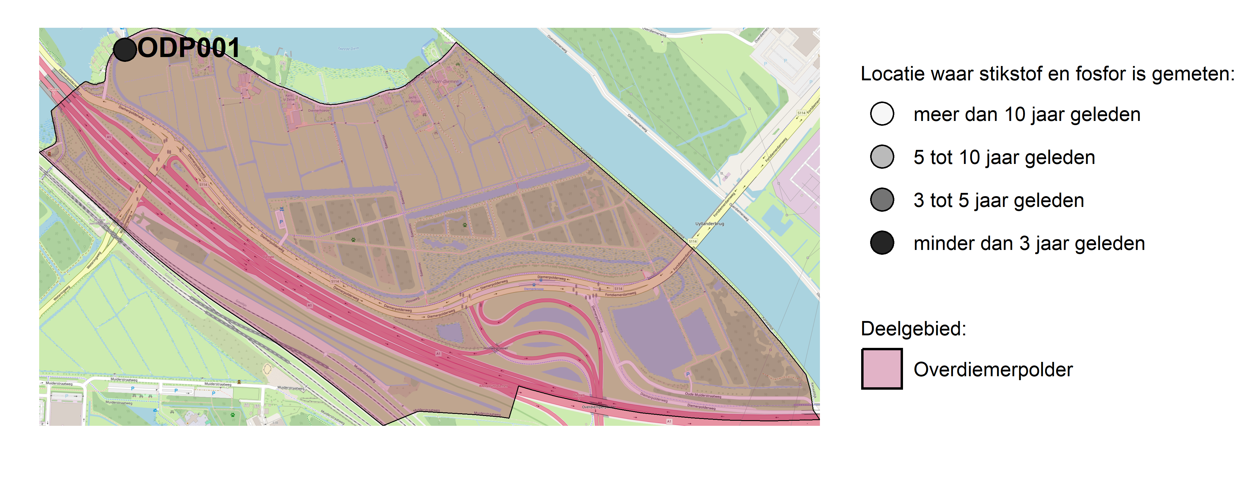 Figure 1: Kaart met meetlocaties waar stikstof en fosfor zijn gemeten. Het laatste meetjaar waarin een locatie is bemonsterd, is weergegeven in verschillende tinten grijs.