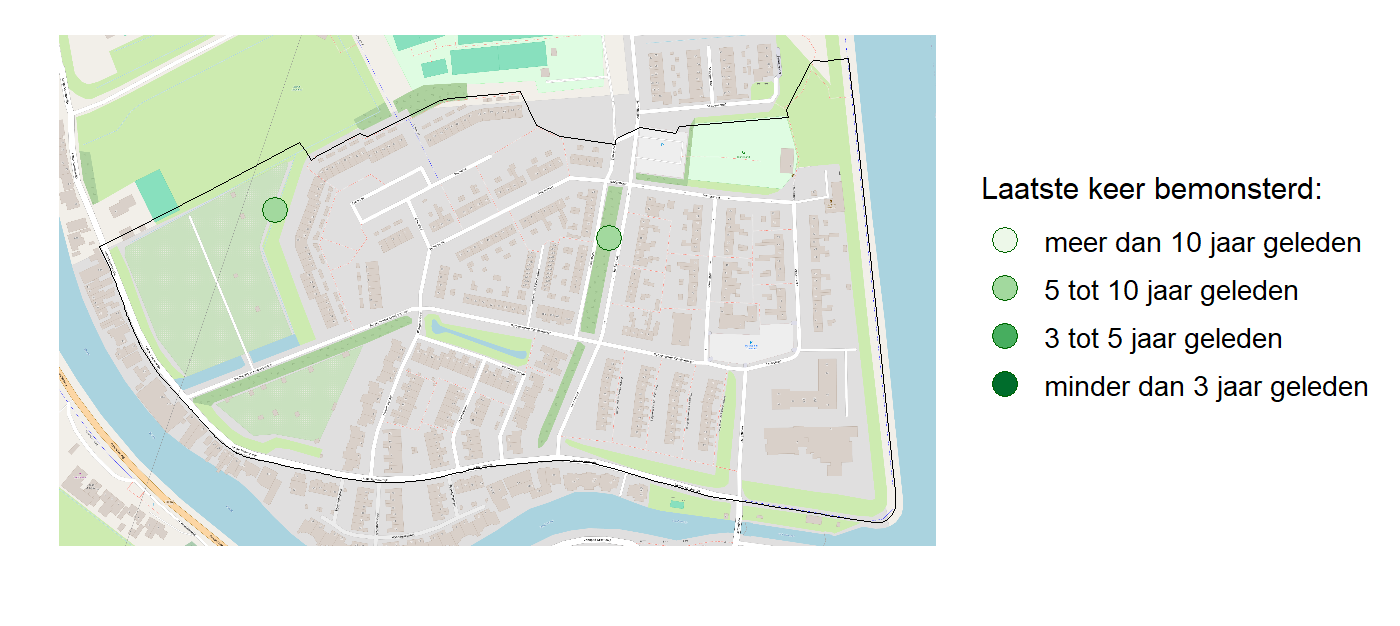 Kaart met meetlocaties waar waterplanten worden gemeten (groene stippen). Het laatste meetjaar waarin een locatie is bemonsterd is weergegeven in verschillende tinten groen.