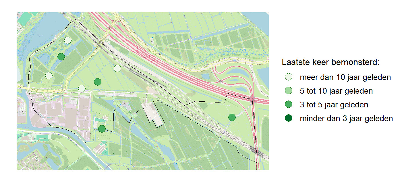 Kaart met meetlocaties waar waterplanten worden gemeten (groene stippen). Het laatste meetjaar waarin een locatie is bemonsterd is weergegeven in verschillende tinten groen.