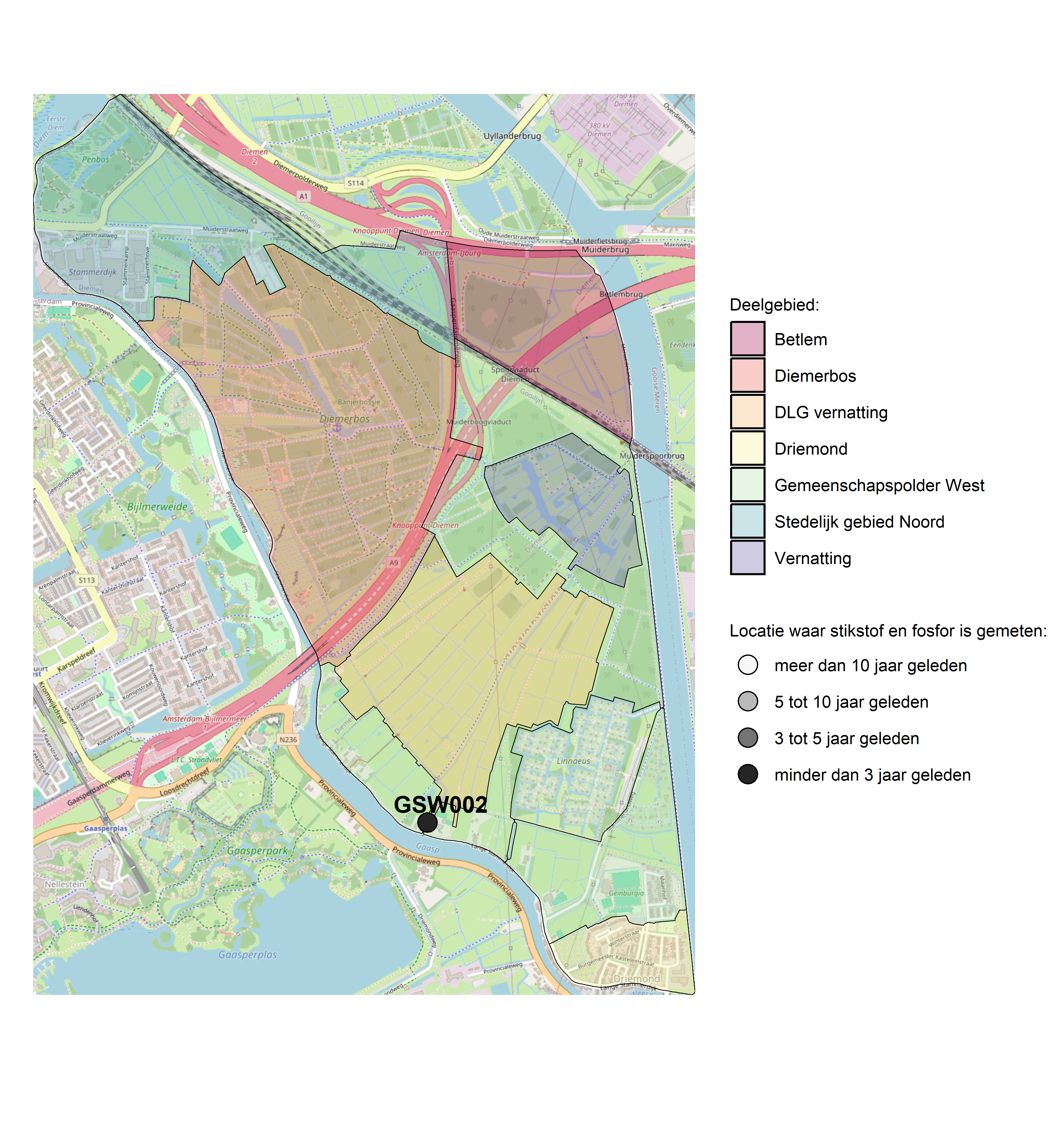 Figure 1: Kaart met meetlocaties waar stikstof en fosfor zijn gemeten. Het laatste meetjaar waarin een locatie is bemonsterd, is weergegeven in verschillende tinten grijs.