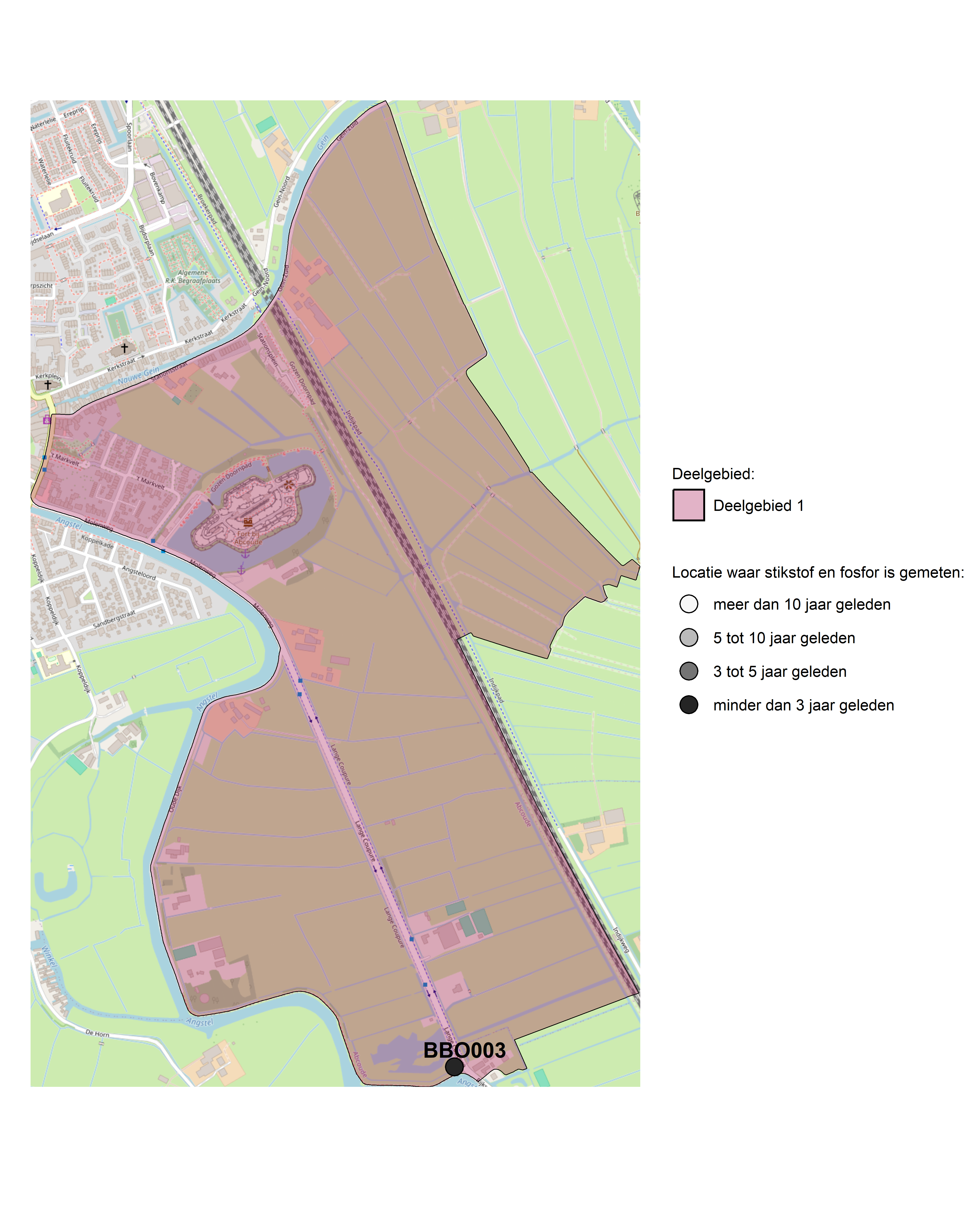 Figure 1: Kaart met meetlocaties waar stikstof en fosfor zijn gemeten. Het laatste meetjaar waarin een locatie is bemonsterd, is weergegeven in verschillende tinten grijs.