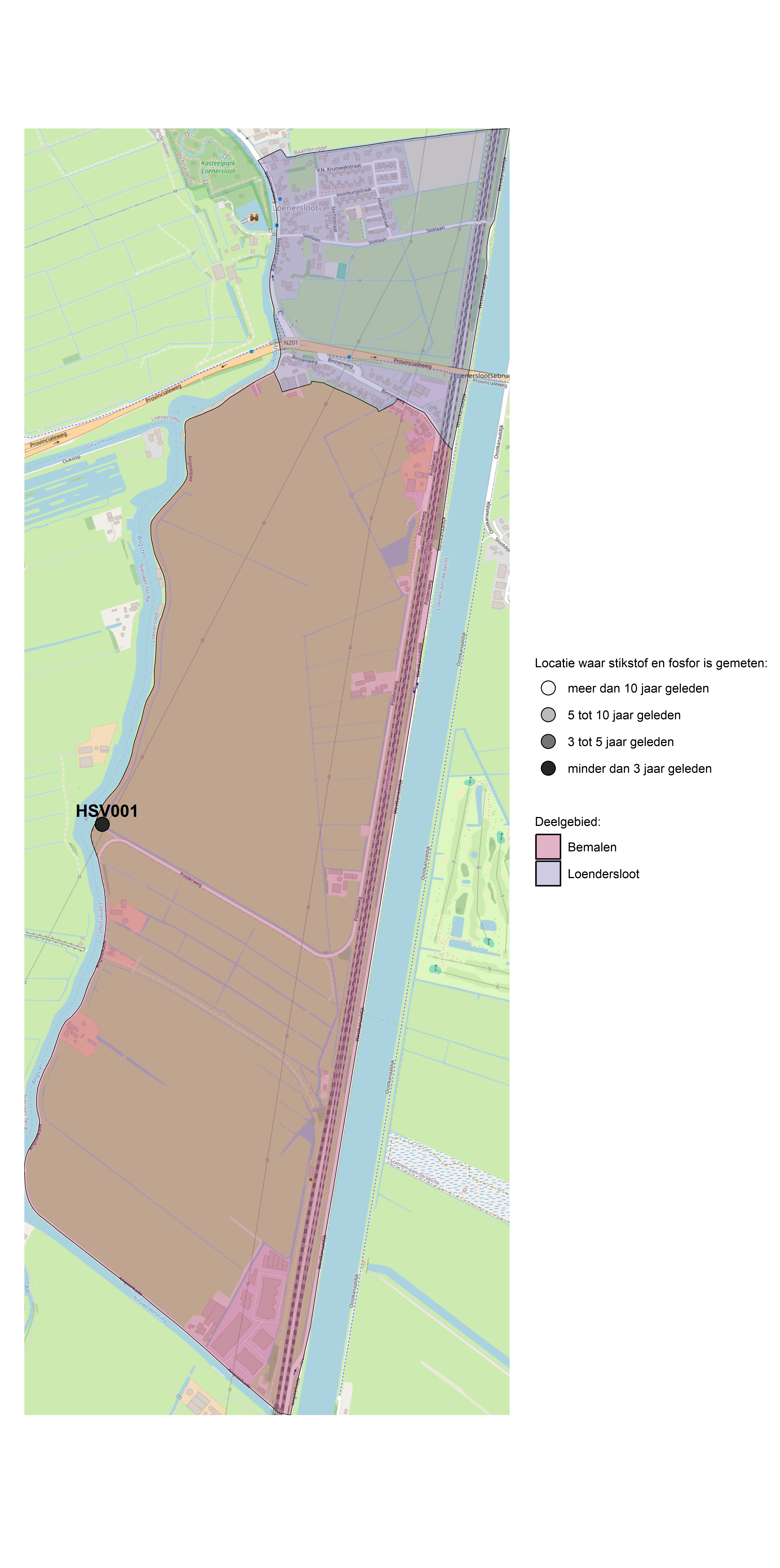 Figure 1: Kaart met meetlocaties waar stikstof en fosfor zijn gemeten. Het laatste meetjaar waarin een locatie is bemonsterd, is weergegeven in verschillende tinten grijs.