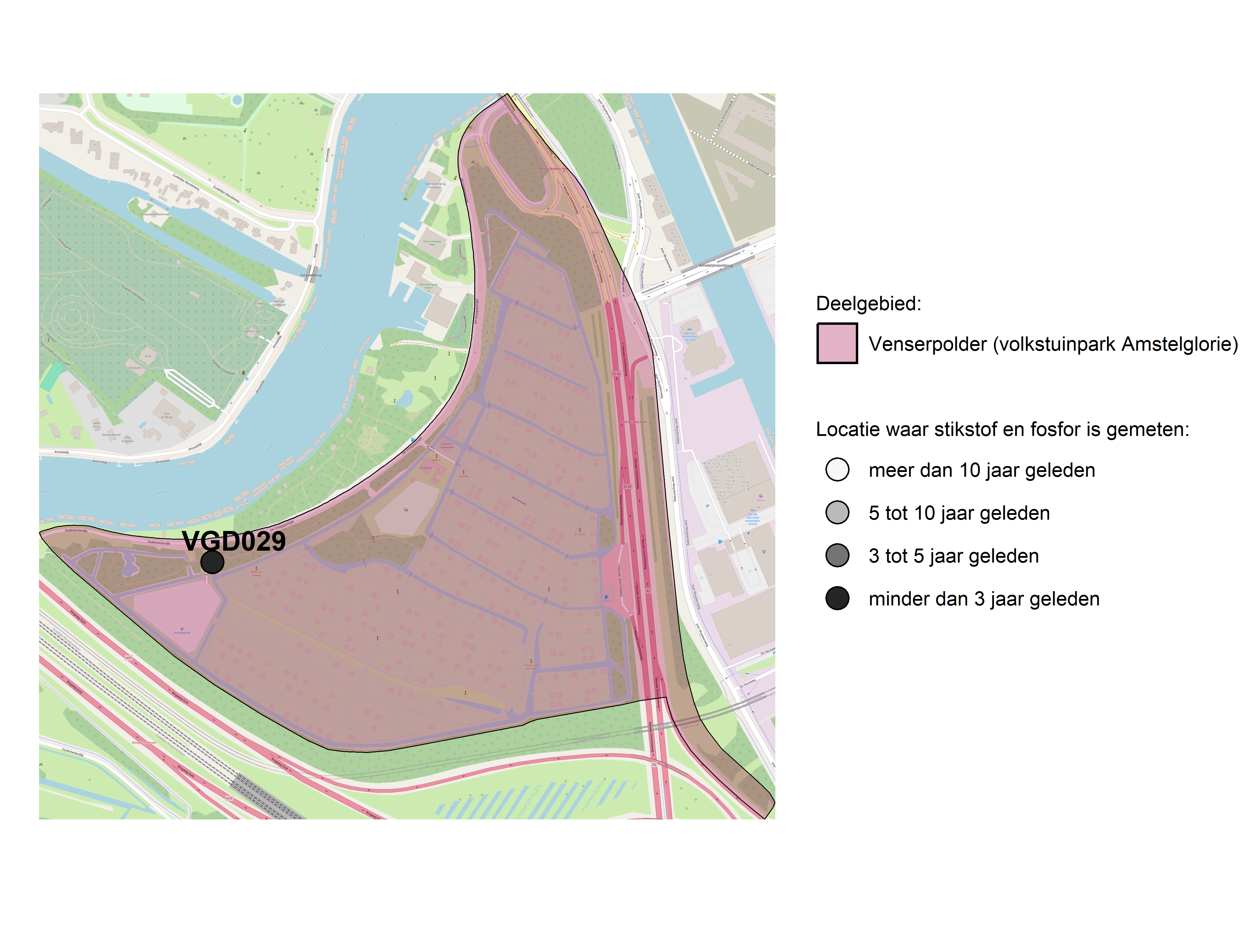 Figure 1: Kaart met meetlocaties waar stikstof en fosfor zijn gemeten. Het laatste meetjaar waarin een locatie is bemonsterd, is weergegeven in verschillende tinten grijs.