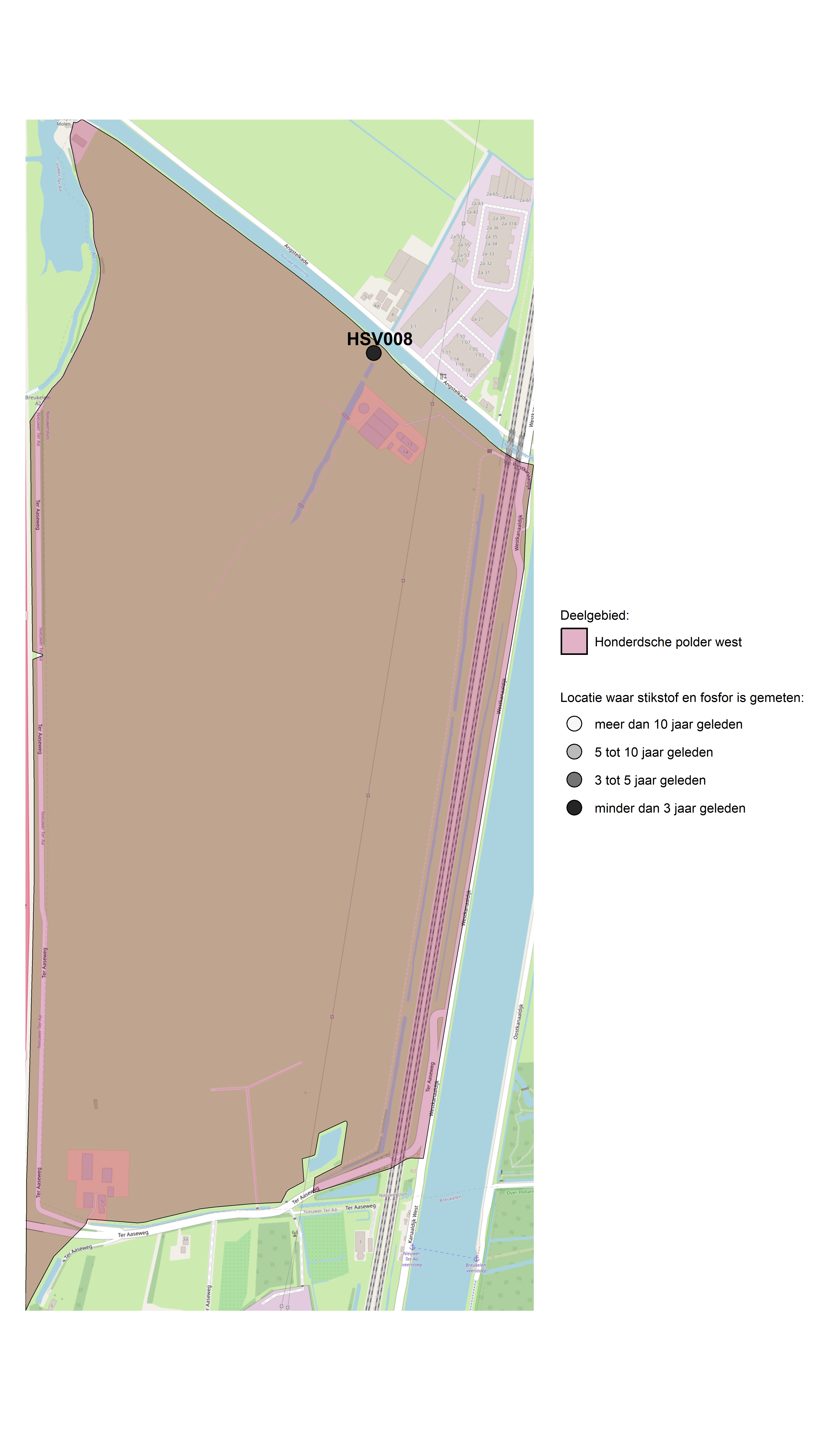 Figure 1: Kaart met meetlocaties waar stikstof en fosfor zijn gemeten. Het laatste meetjaar waarin een locatie is bemonsterd, is weergegeven in verschillende tinten grijs.