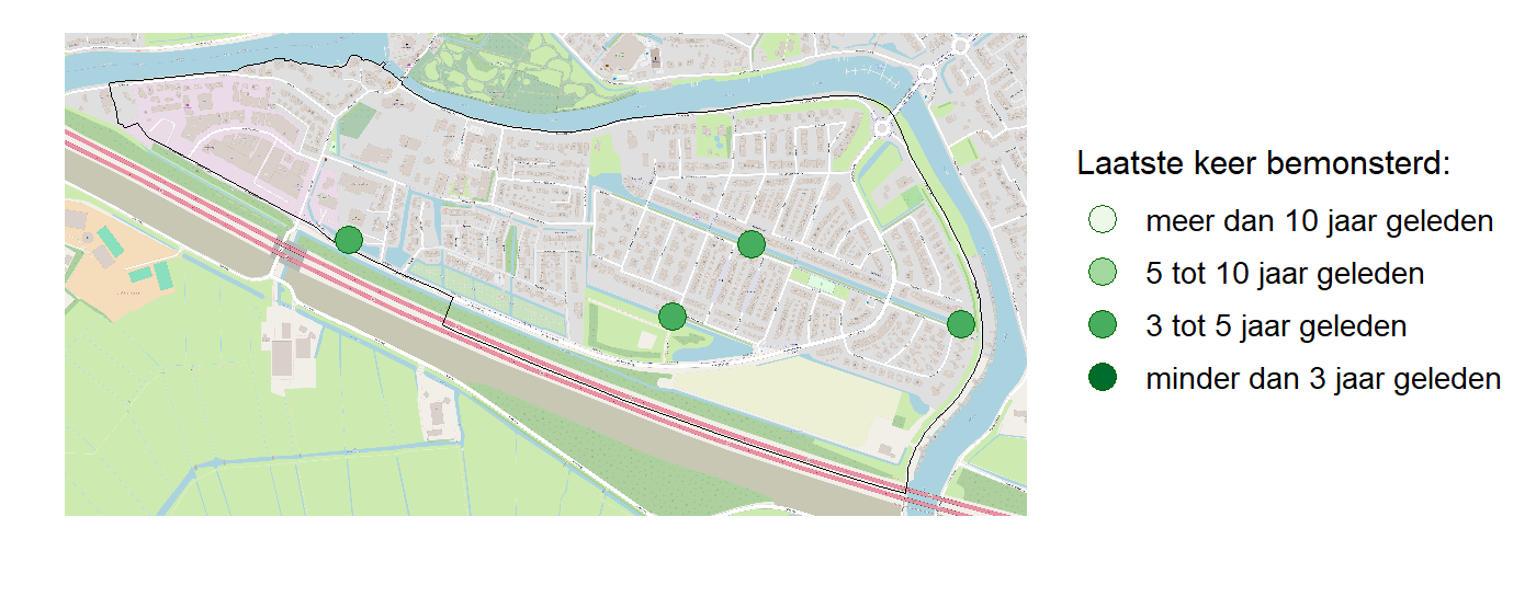 Kaart met meetlocaties waar waterplanten worden gemeten (groene stippen). Het laatste meetjaar waarin een locatie is bemonsterd is weergegeven in verschillende tinten groen.