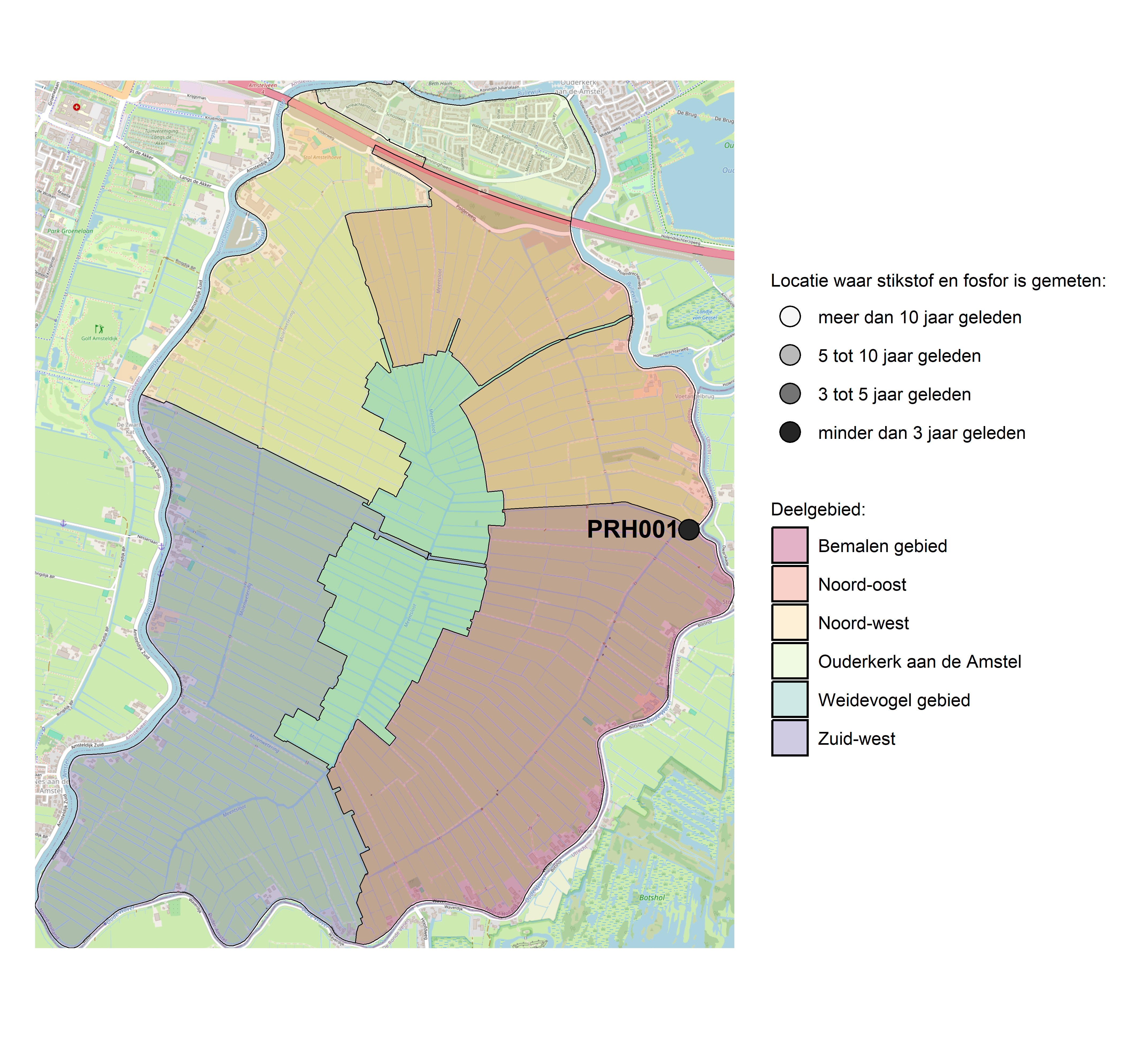 Figure 1: Kaart met meetlocaties waar stikstof en fosfor zijn gemeten. Het laatste meetjaar waarin een locatie is bemonsterd, is weergegeven in verschillende tinten grijs.