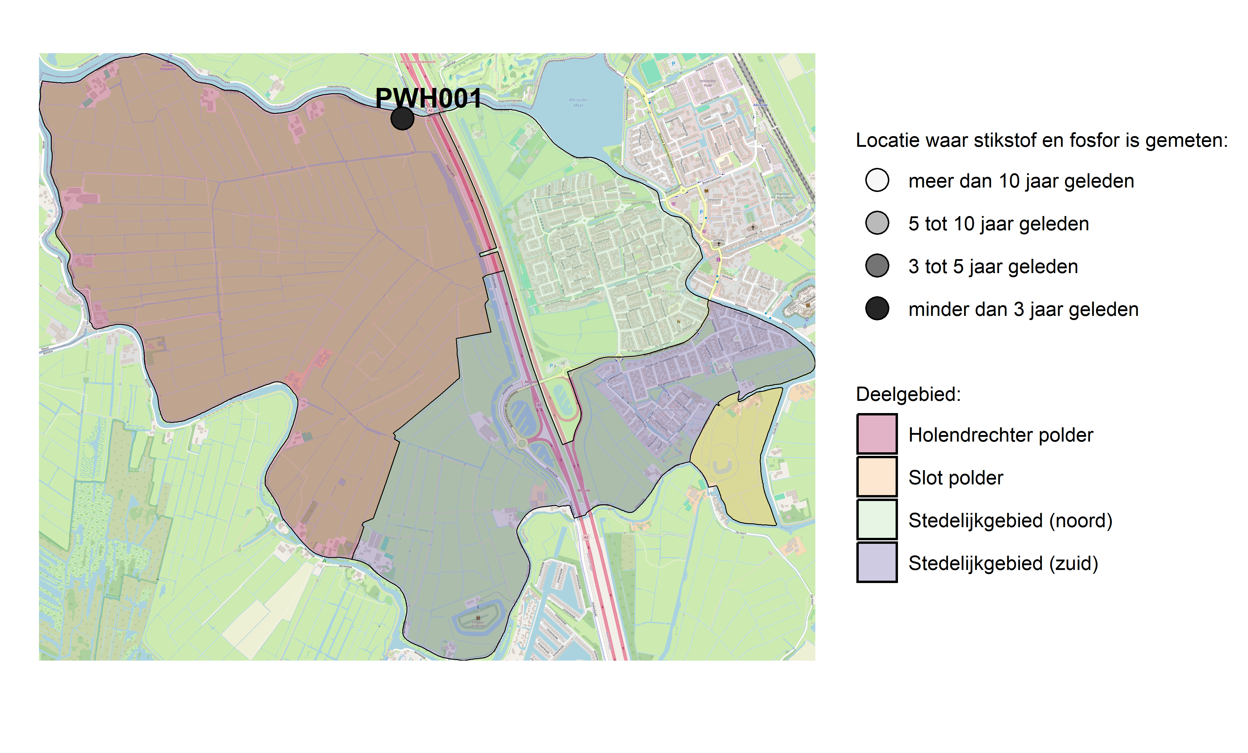 Figure 1: Kaart met meetlocaties waar stikstof en fosfor zijn gemeten. Het laatste meetjaar waarin een locatie is bemonsterd, is weergegeven in verschillende tinten grijs.