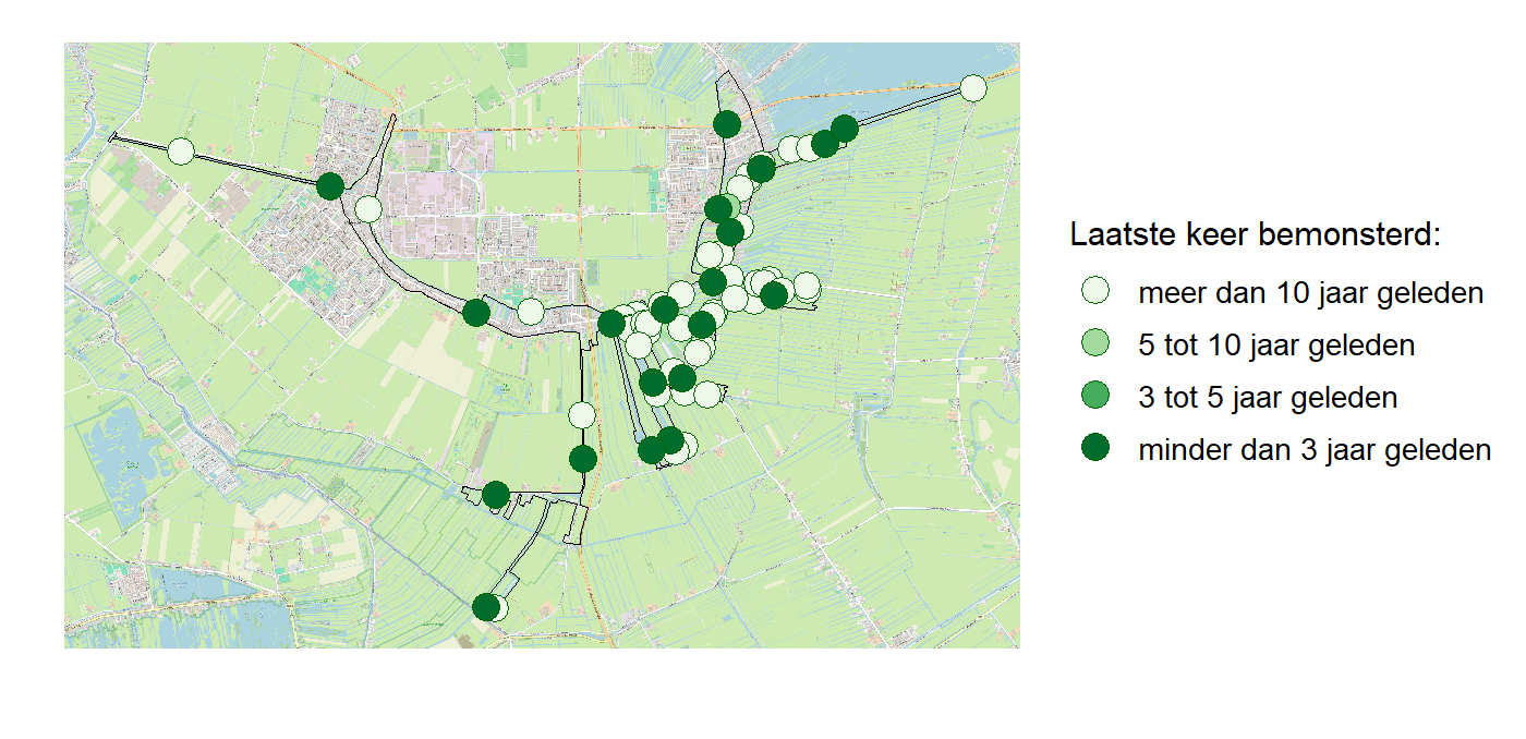 Kaart met meetlocaties waar waterplanten worden gemeten (groene stippen). Het laatste meetjaar waarin een locatie is bemonsterd is weergegeven in verschillende tinten groen.