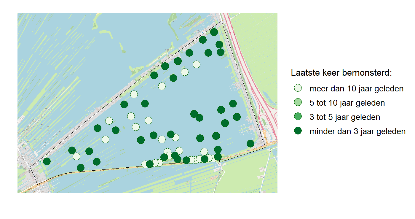 Kaart met meetlocaties waar waterplanten worden gemeten (groene stippen). Het laatste meetjaar waarin een locatie is bemonsterd is weergegeven in verschillende tinten groen.