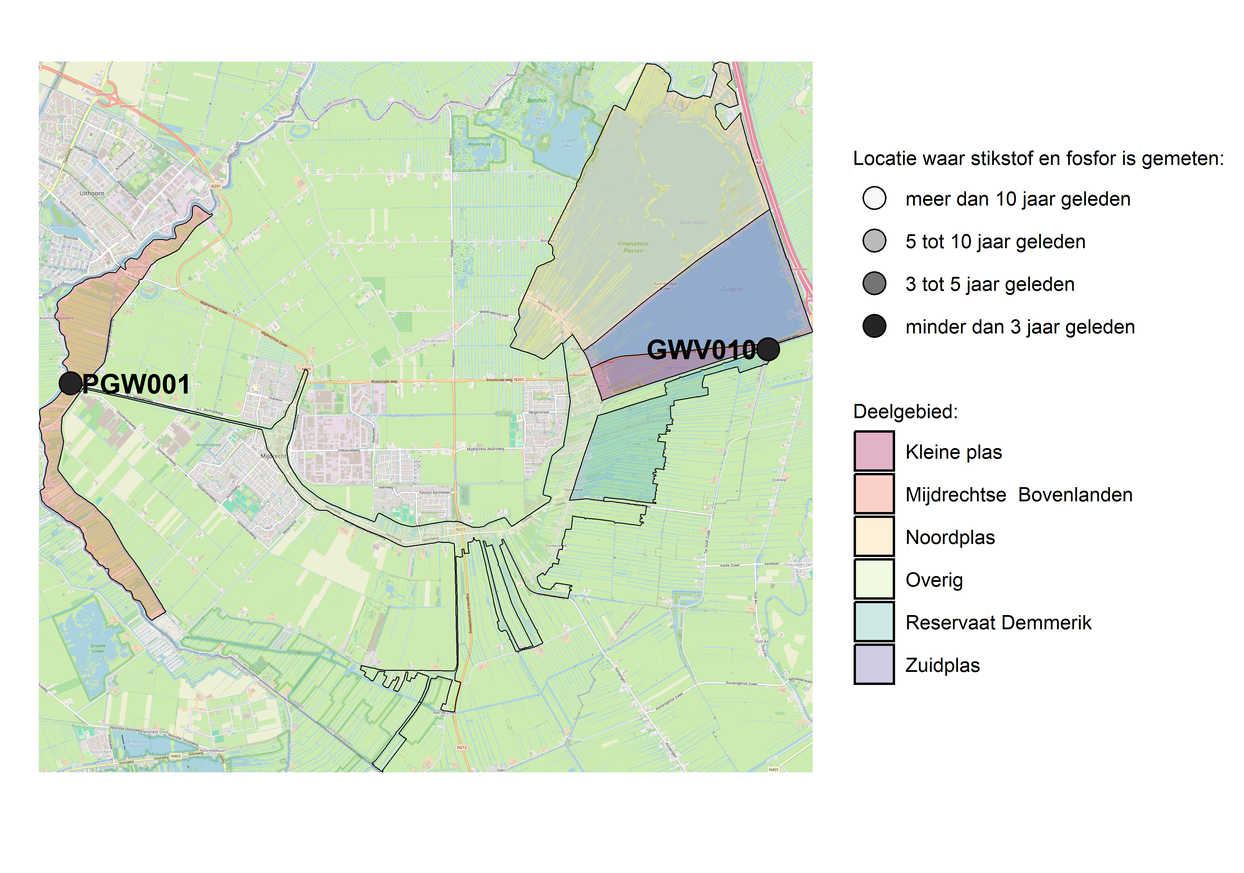 Figure 1: Kaart met meetlocaties waar stikstof en fosfor zijn gemeten. Het laatste meetjaar waarin een locatie is bemonsterd, is weergegeven in verschillende tinten grijs.