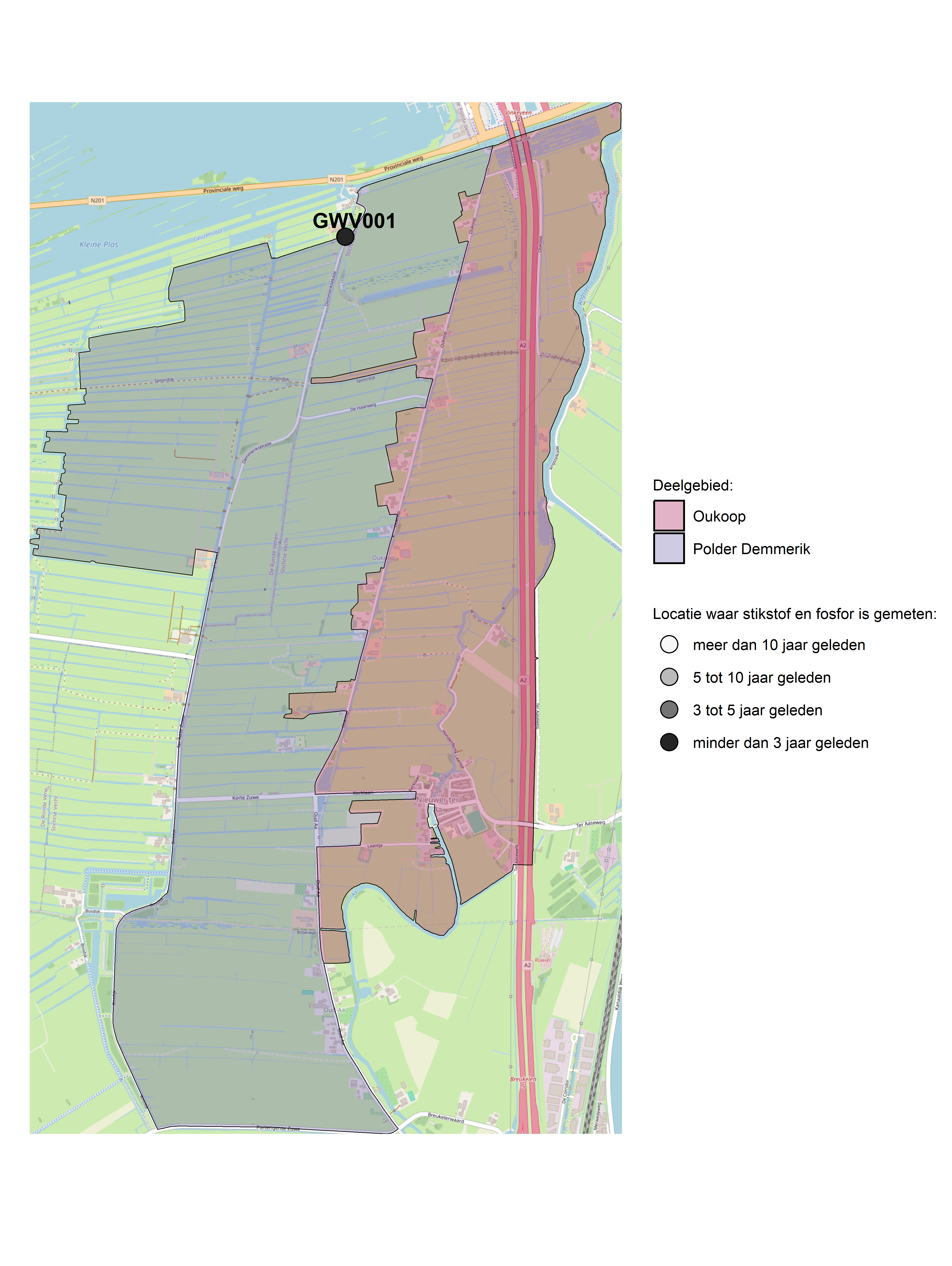 Figure 1: Kaart met meetlocaties waar stikstof en fosfor zijn gemeten. Het laatste meetjaar waarin een locatie is bemonsterd, is weergegeven in verschillende tinten grijs.