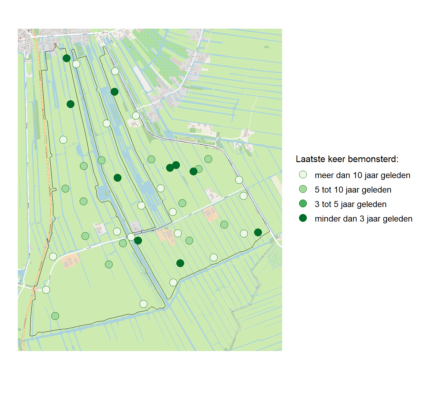 Kaart met meetlocaties waar waterplanten worden gemeten (groene stippen). Het laatste meetjaar waarin een locatie is bemonsterd is weergegeven in verschillende tinten groen.