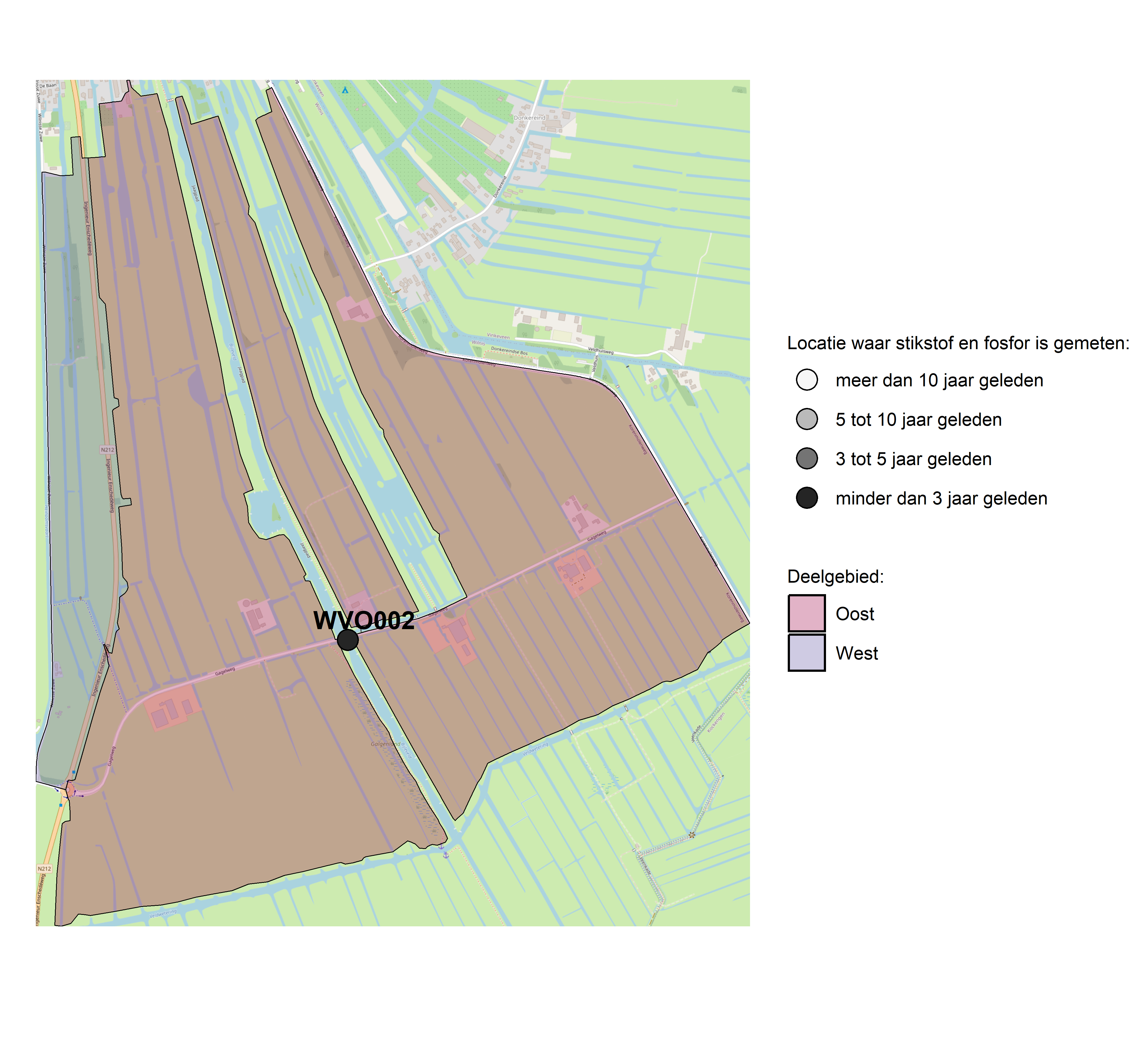 Figure 1: Kaart met meetlocaties waar stikstof en fosfor zijn gemeten. Het laatste meetjaar waarin een locatie is bemonsterd, is weergegeven in verschillende tinten grijs.