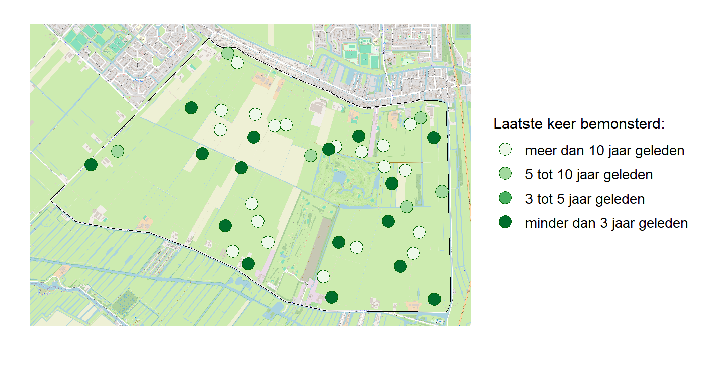 Kaart met meetlocaties waar waterplanten worden gemeten (groene stippen). Het laatste meetjaar waarin een locatie is bemonsterd is weergegeven in verschillende tinten groen.