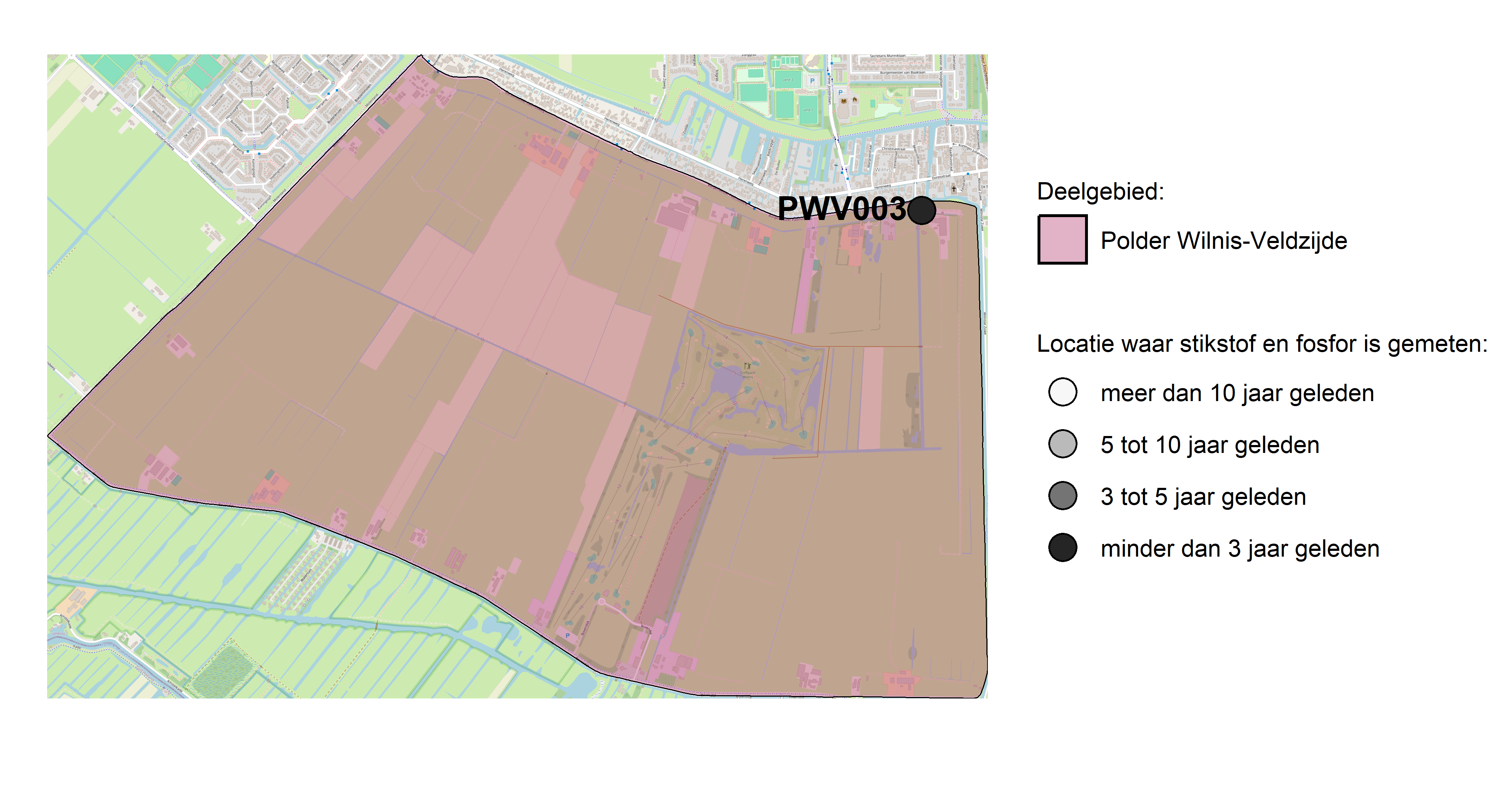 Figure 1: Kaart met meetlocaties waar stikstof en fosfor zijn gemeten. Het laatste meetjaar waarin een locatie is bemonsterd, is weergegeven in verschillende tinten grijs.