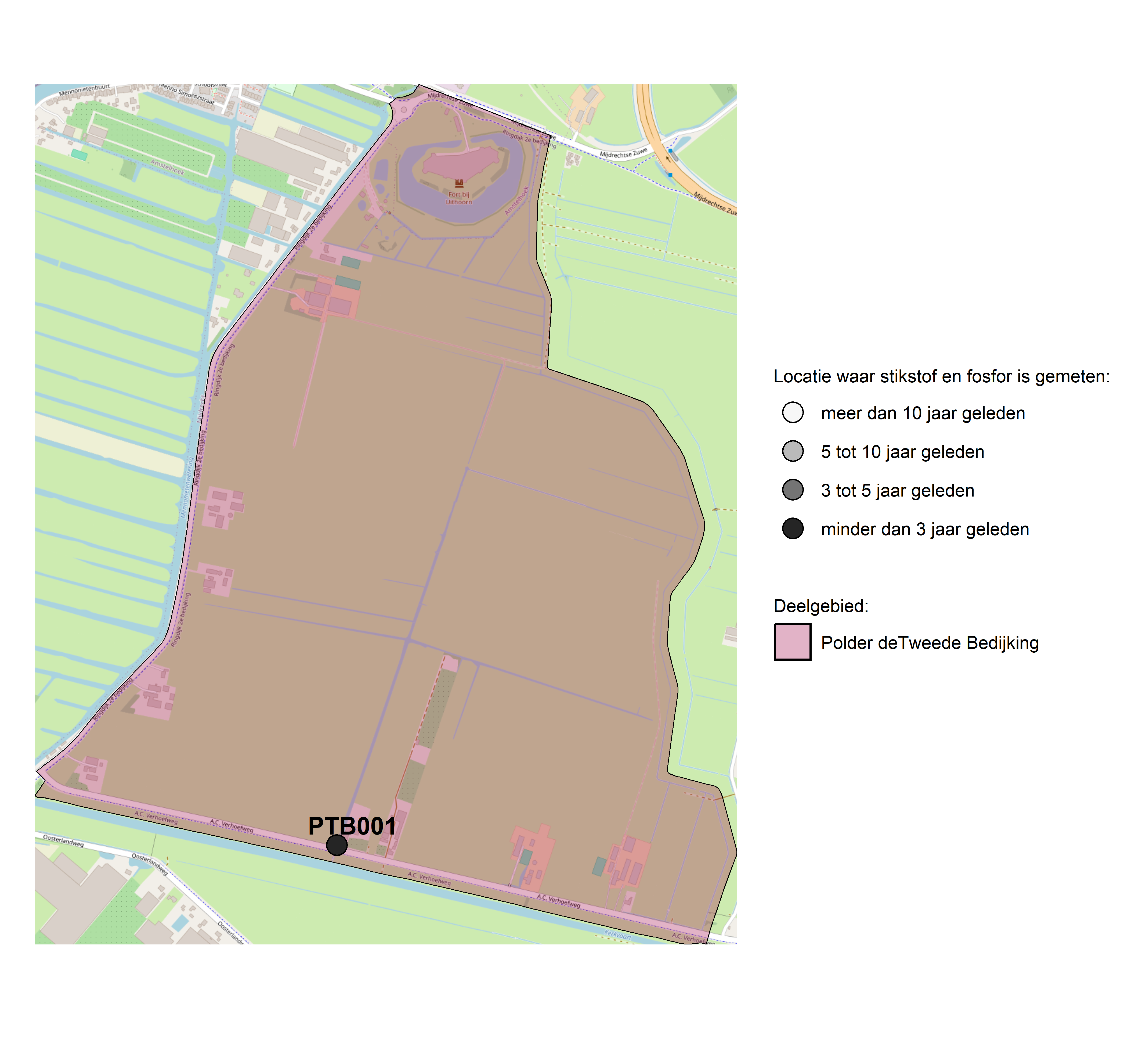 Figure 1: Kaart met meetlocaties waar stikstof en fosfor zijn gemeten. Het laatste meetjaar waarin een locatie is bemonsterd, is weergegeven in verschillende tinten grijs.