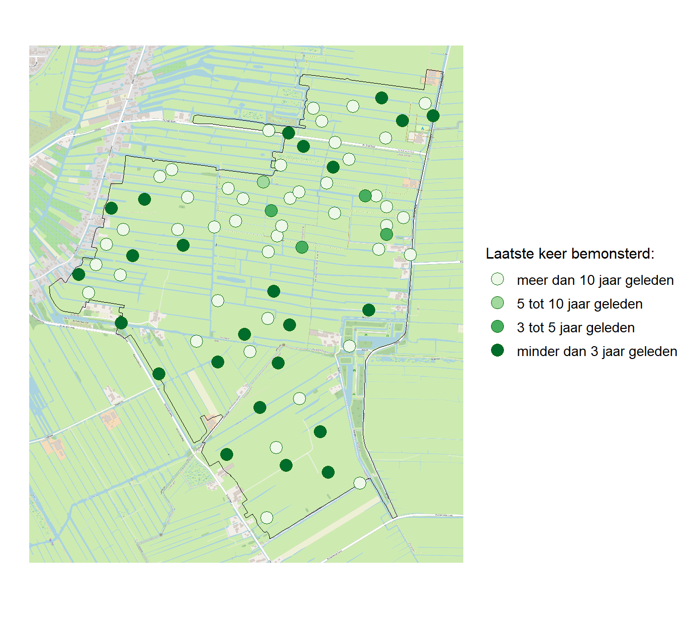 Kaart met meetlocaties waar waterplanten worden gemeten (groene stippen). Het laatste meetjaar waarin een locatie is bemonsterd is weergegeven in verschillende tinten groen.