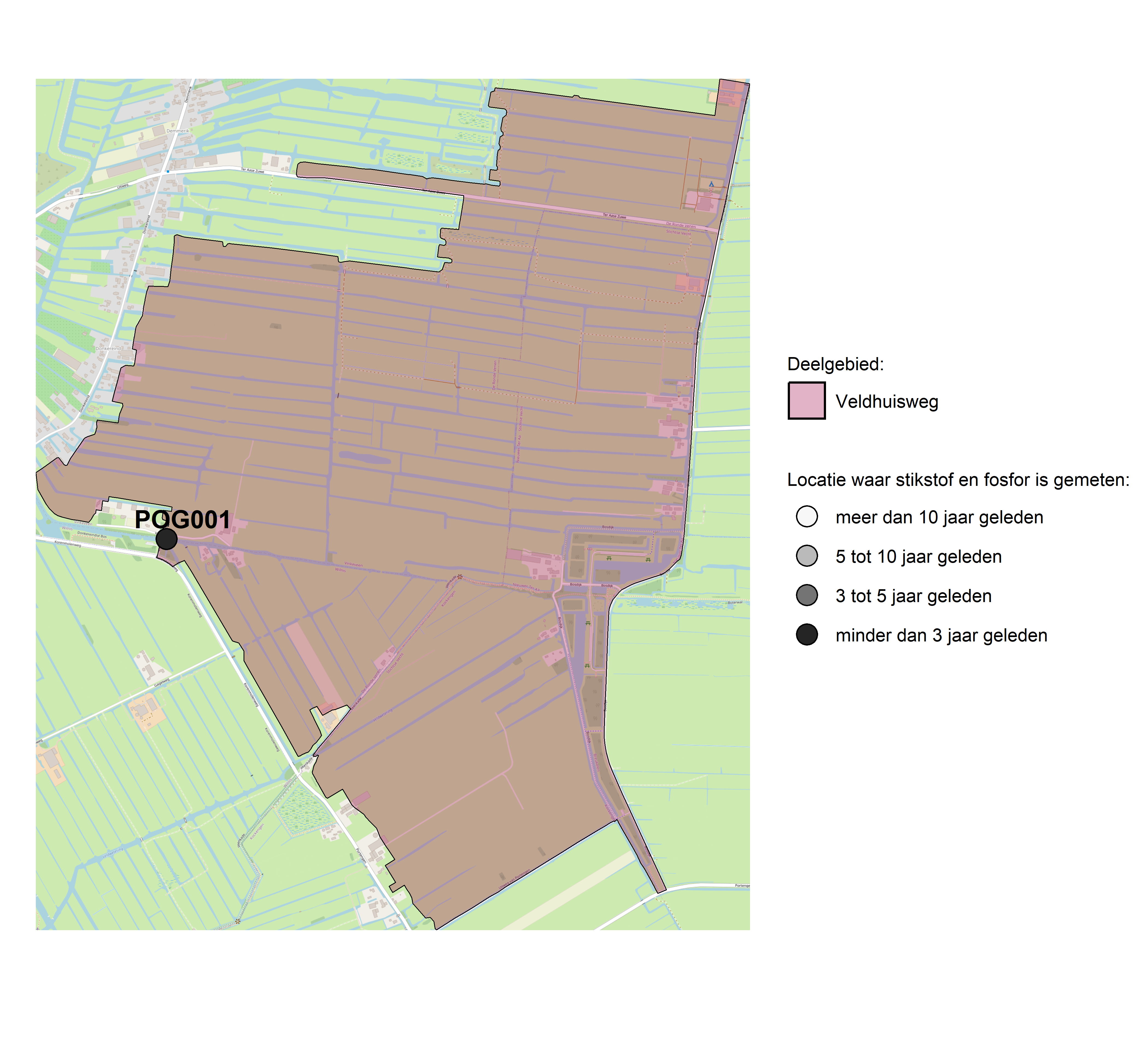 Figure 1: Kaart met meetlocaties waar stikstof en fosfor zijn gemeten. Het laatste meetjaar waarin een locatie is bemonsterd, is weergegeven in verschillende tinten grijs.