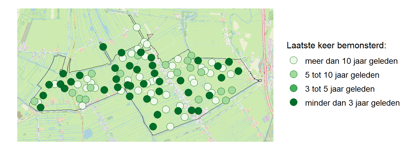 Kaart met meetlocaties waar waterplanten worden gemeten (groene stippen). Het laatste meetjaar waarin een locatie is bemonsterd is weergegeven in verschillende tinten groen.