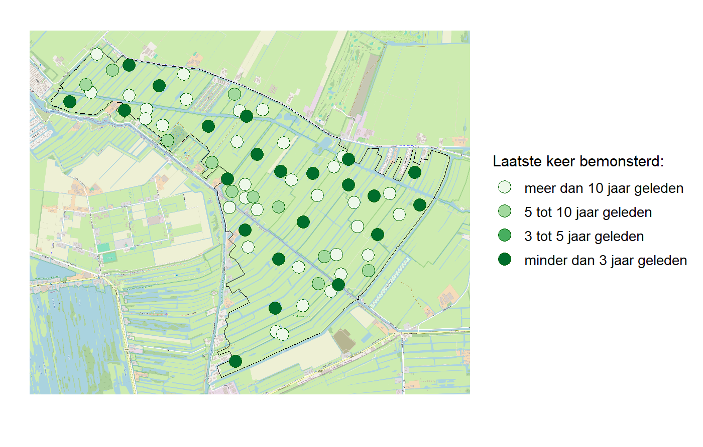 Kaart met meetlocaties waar waterplanten worden gemeten (groene stippen). Het laatste meetjaar waarin een locatie is bemonsterd is weergegeven in verschillende tinten groen.