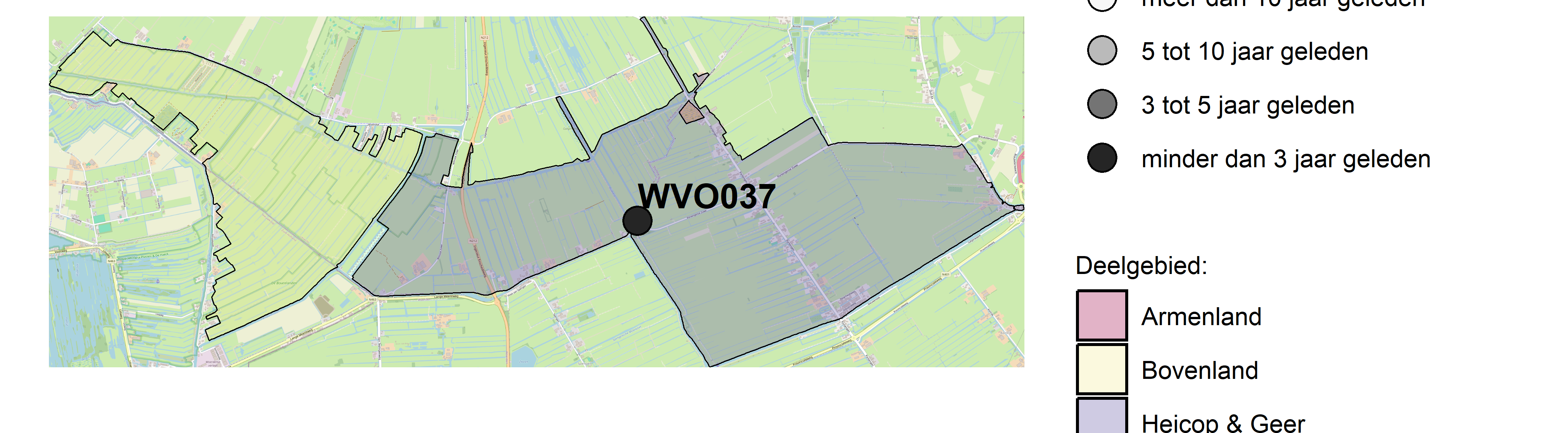 Figure 1: Kaart met meetlocaties waar stikstof en fosfor zijn gemeten. Het laatste meetjaar waarin een locatie is bemonsterd, is weergegeven in verschillende tinten grijs.