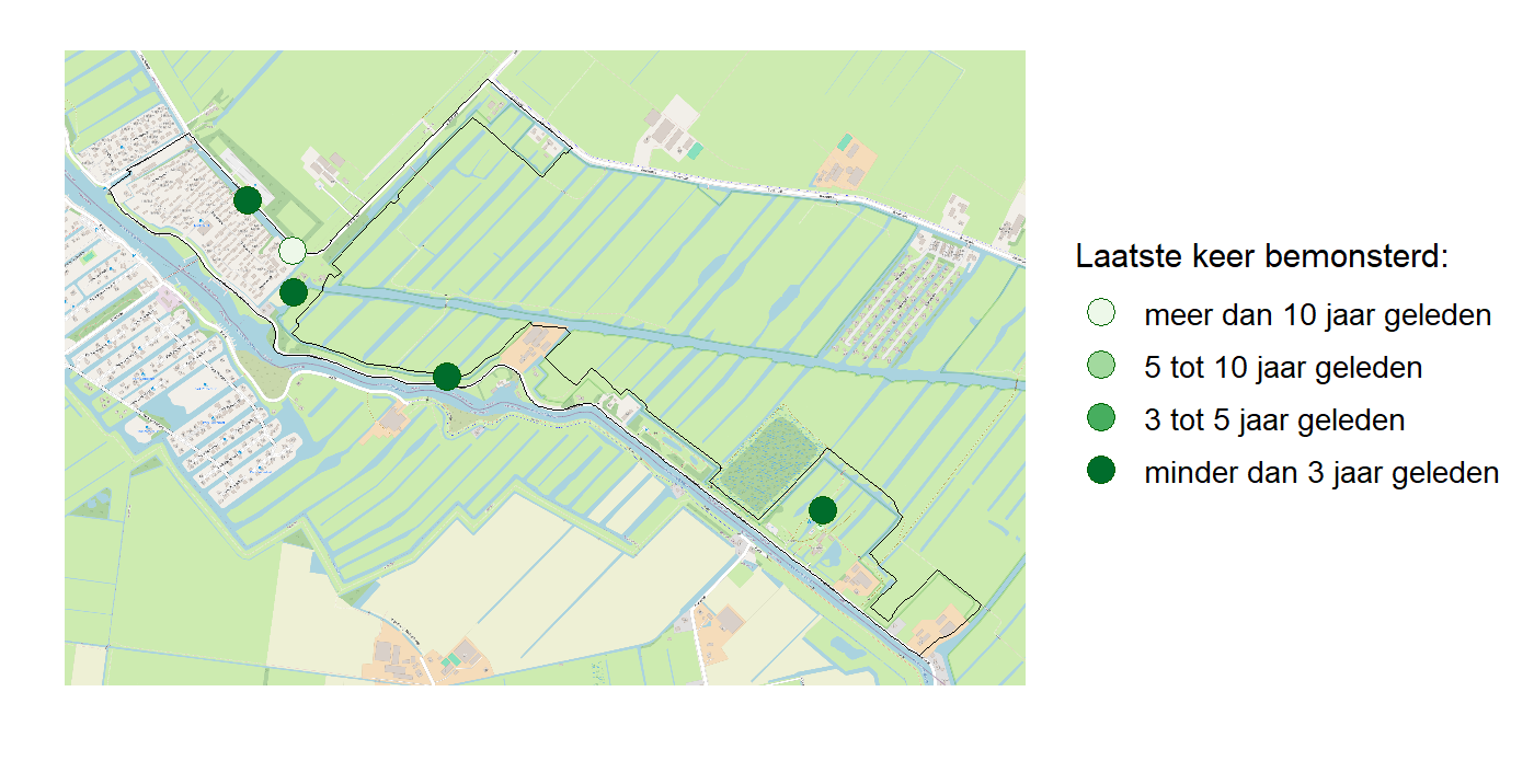 Kaart met meetlocaties waar waterplanten worden gemeten (groene stippen). Het laatste meetjaar waarin een locatie is bemonsterd is weergegeven in verschillende tinten groen.