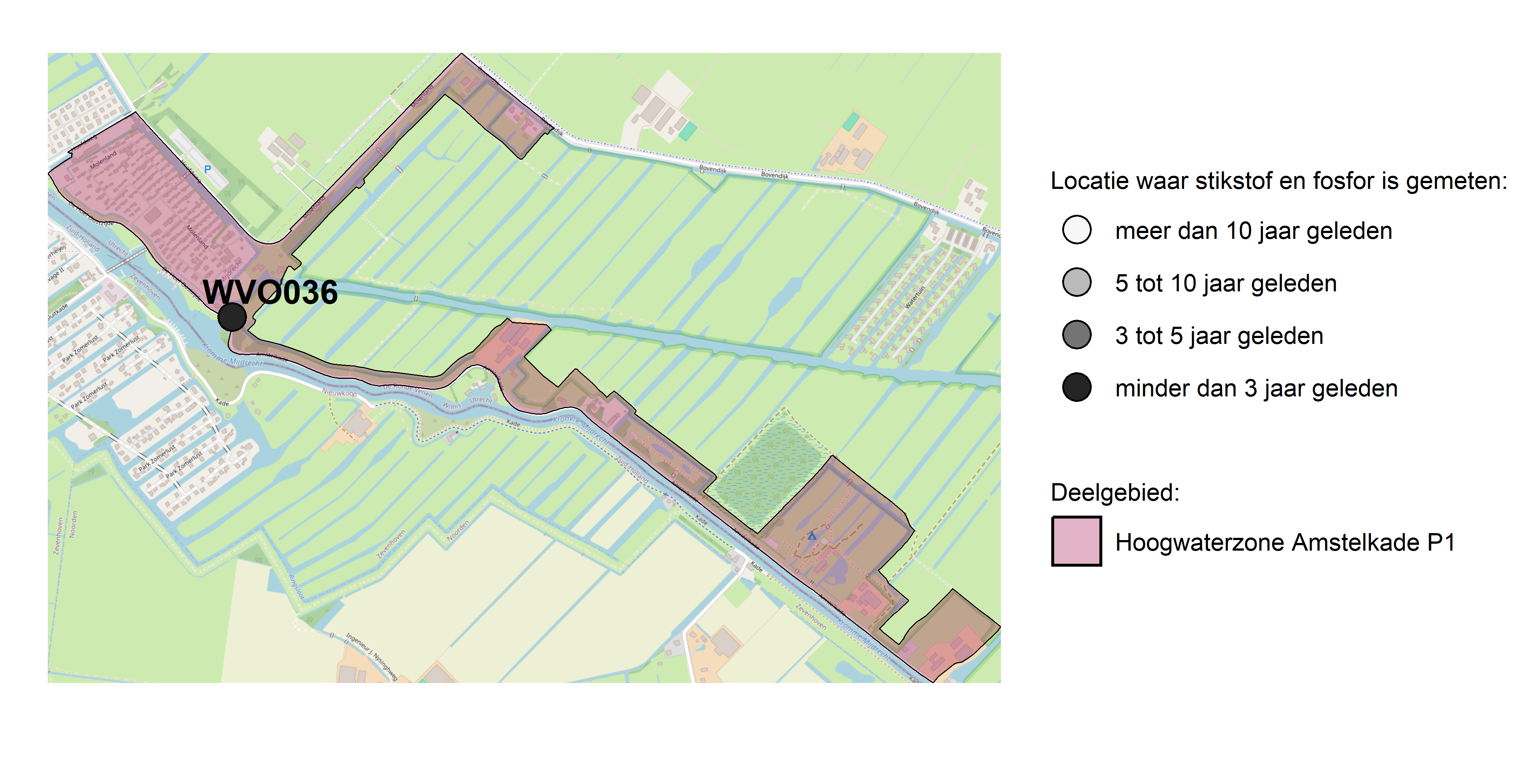 Figure 1: Kaart met meetlocaties waar stikstof en fosfor zijn gemeten. Het laatste meetjaar waarin een locatie is bemonsterd, is weergegeven in verschillende tinten grijs.