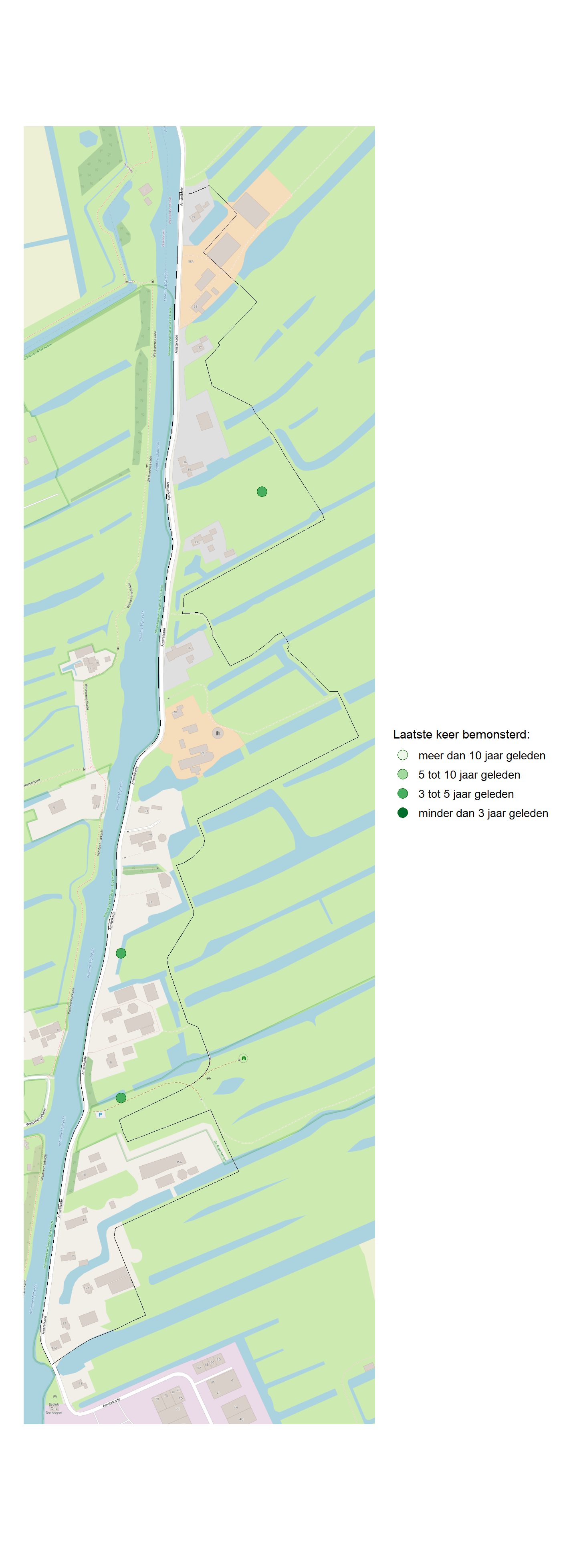 Kaart met meetlocaties waar waterplanten worden gemeten (groene stippen). Het laatste meetjaar waarin een locatie is bemonsterd is weergegeven in verschillende tinten groen.