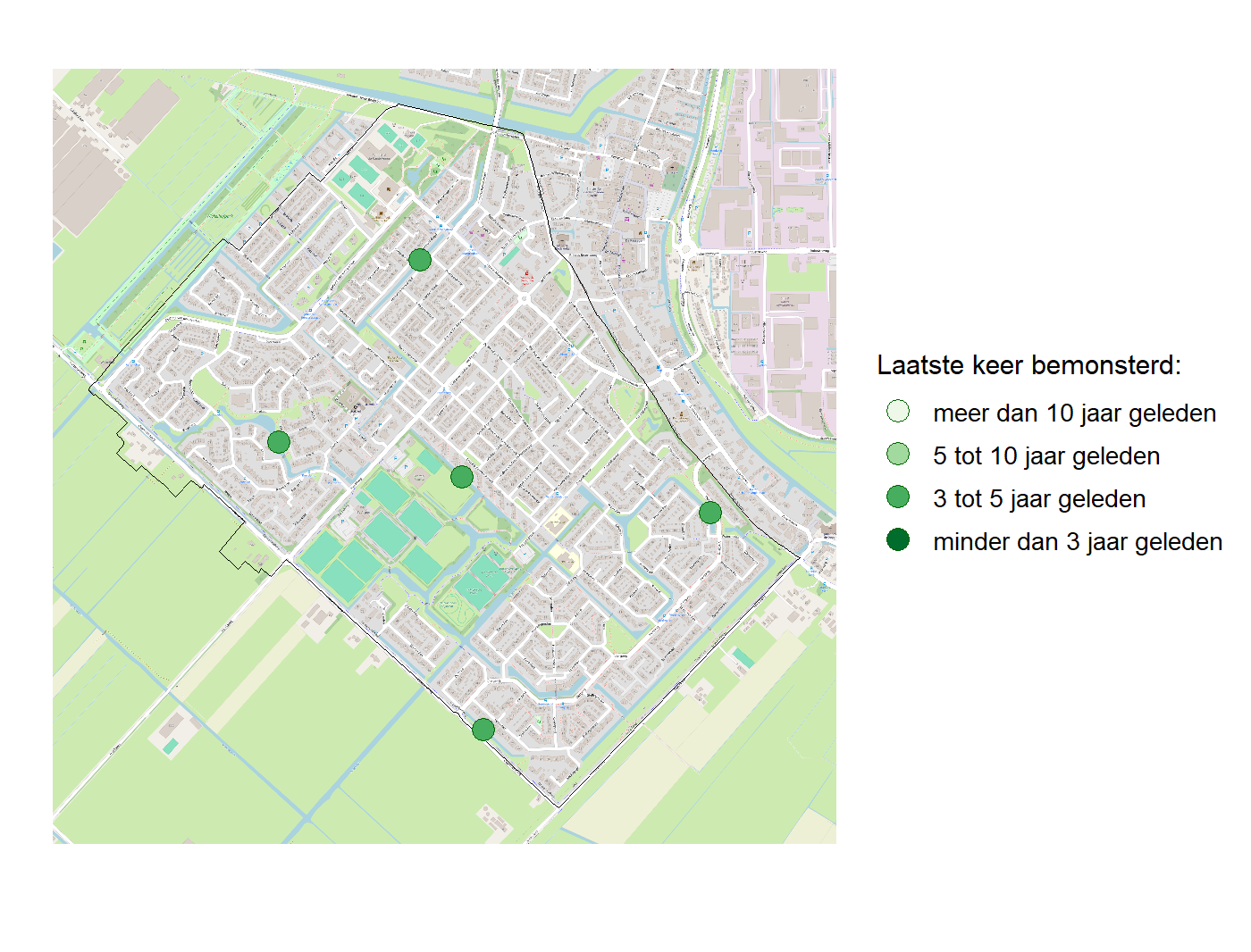 Kaart met meetlocaties waar waterplanten worden gemeten (groene stippen). Het laatste meetjaar waarin een locatie is bemonsterd is weergegeven in verschillende tinten groen.