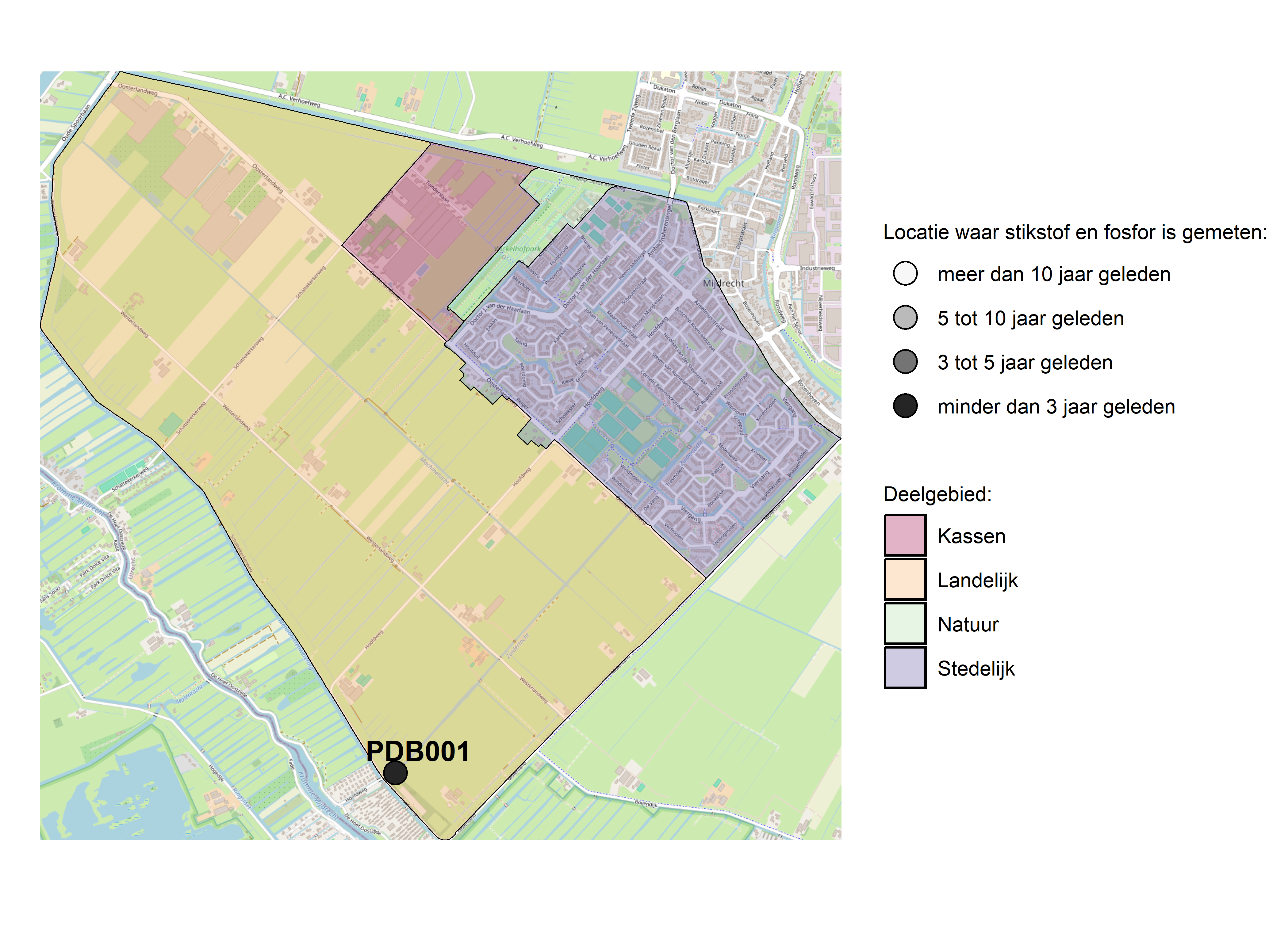 Figure 1: Kaart met meetlocaties waar stikstof en fosfor zijn gemeten. Het laatste meetjaar waarin een locatie is bemonsterd, is weergegeven in verschillende tinten grijs.