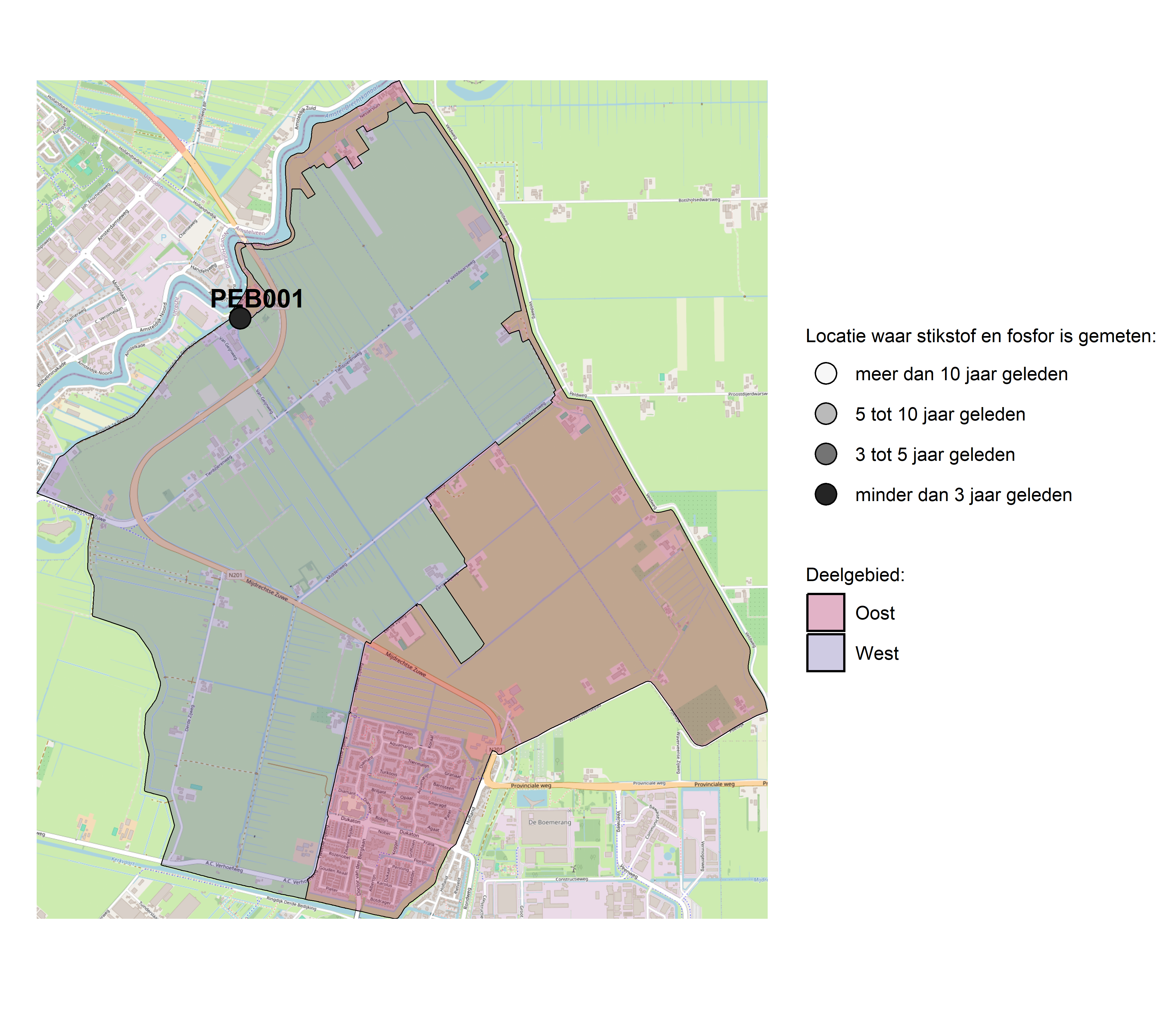 Figure 1: Kaart met meetlocaties waar stikstof en fosfor zijn gemeten. Het laatste meetjaar waarin een locatie is bemonsterd, is weergegeven in verschillende tinten grijs.