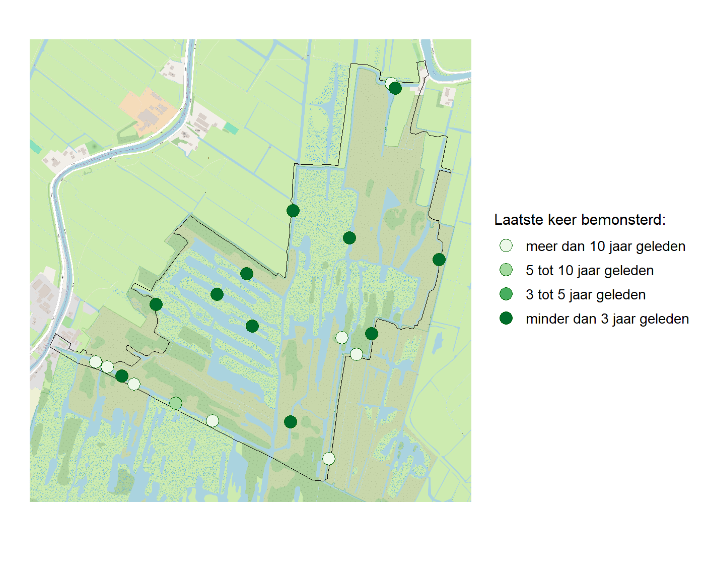 Kaart met meetlocaties waar waterplanten worden gemeten (groene stippen). Het laatste meetjaar waarin een locatie is bemonsterd is weergegeven in verschillende tinten groen.