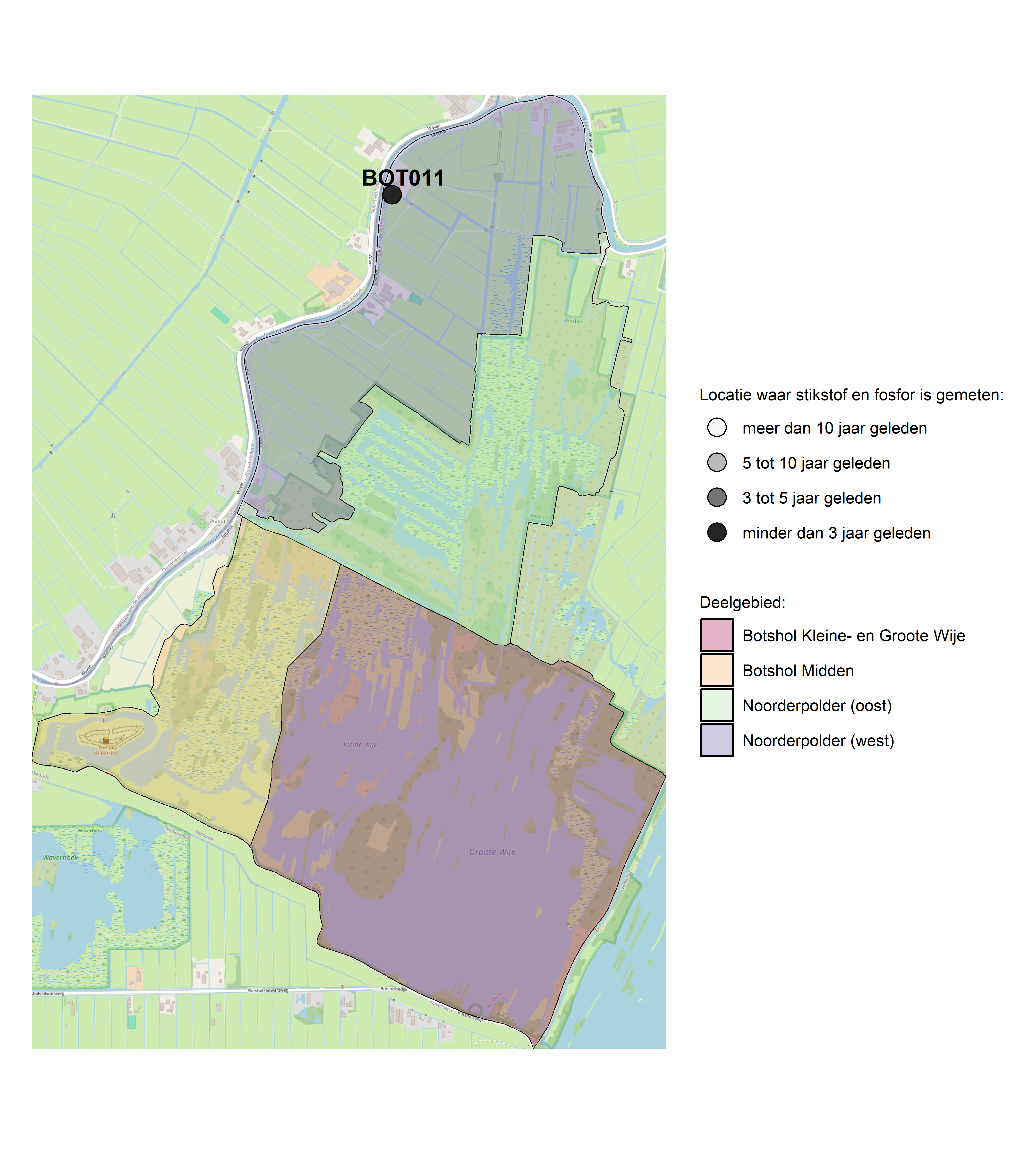 Figure 1: Kaart met meetlocaties waar stikstof en fosfor zijn gemeten. Het laatste meetjaar waarin een locatie is bemonsterd, is weergegeven in verschillende tinten grijs.