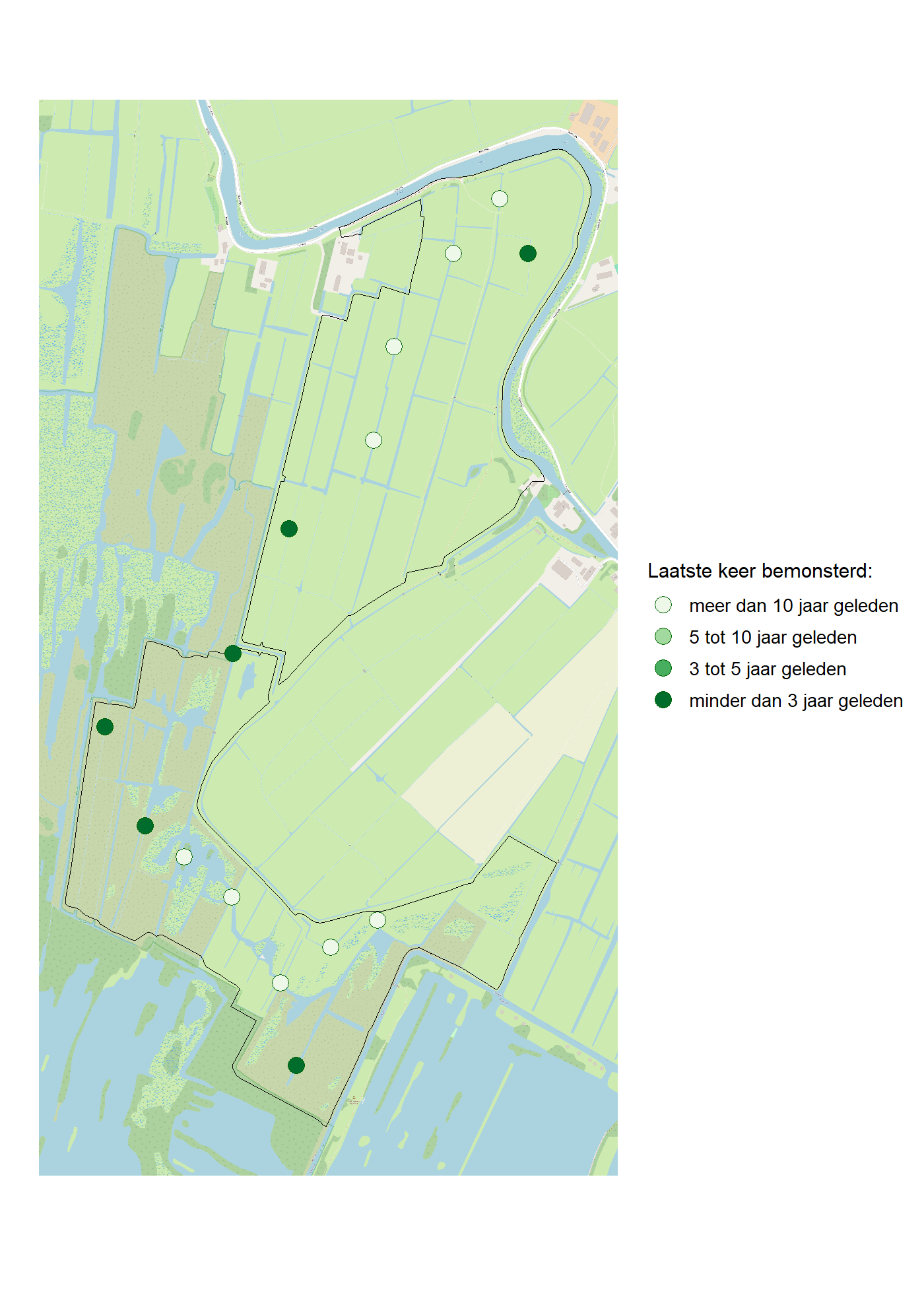 Kaart met meetlocaties waar waterplanten worden gemeten (groene stippen). Het laatste meetjaar waarin een locatie is bemonsterd is weergegeven in verschillende tinten groen.