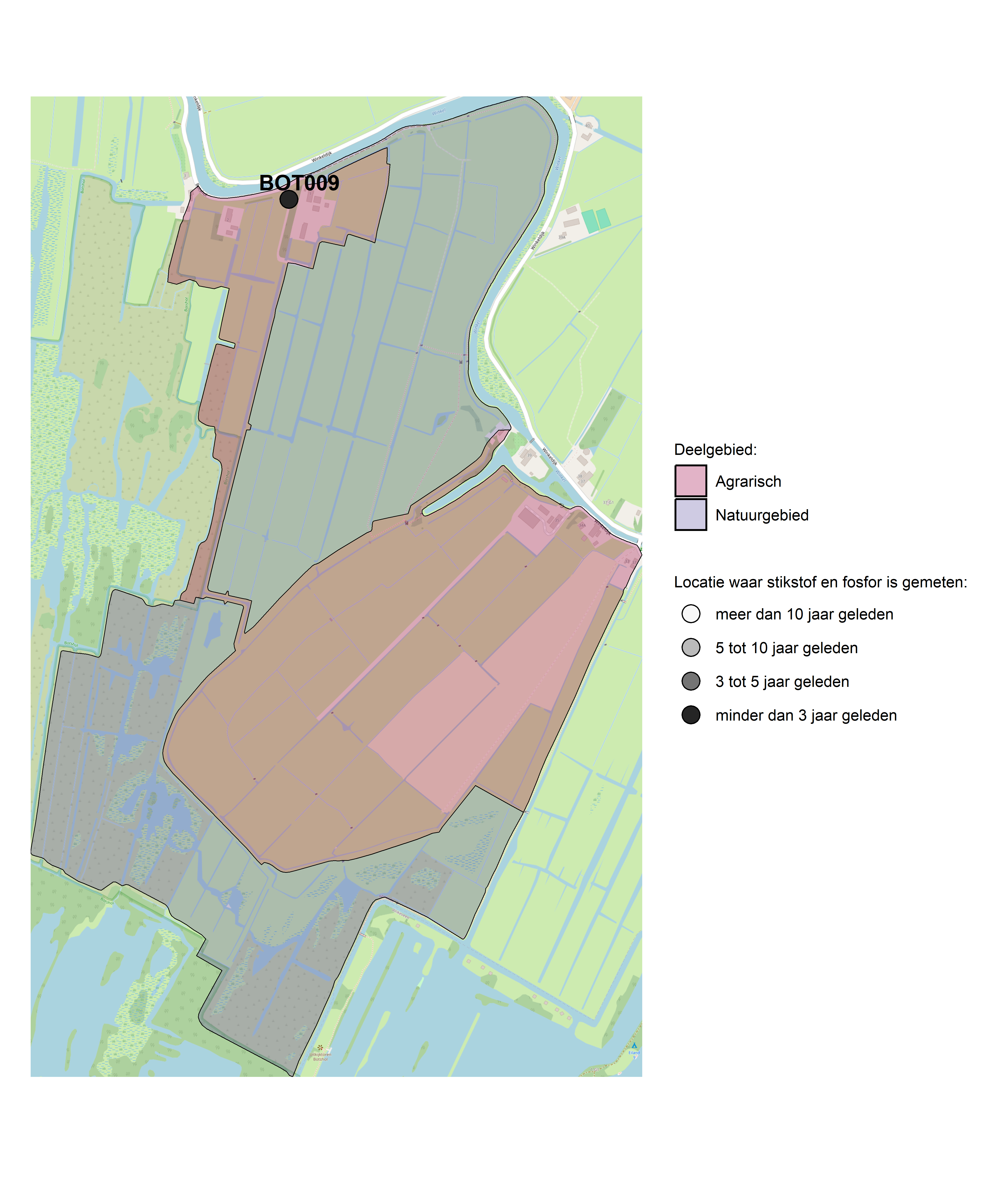 Figure 1: Kaart met meetlocaties waar stikstof en fosfor zijn gemeten. Het laatste meetjaar waarin een locatie is bemonsterd, is weergegeven in verschillende tinten grijs.