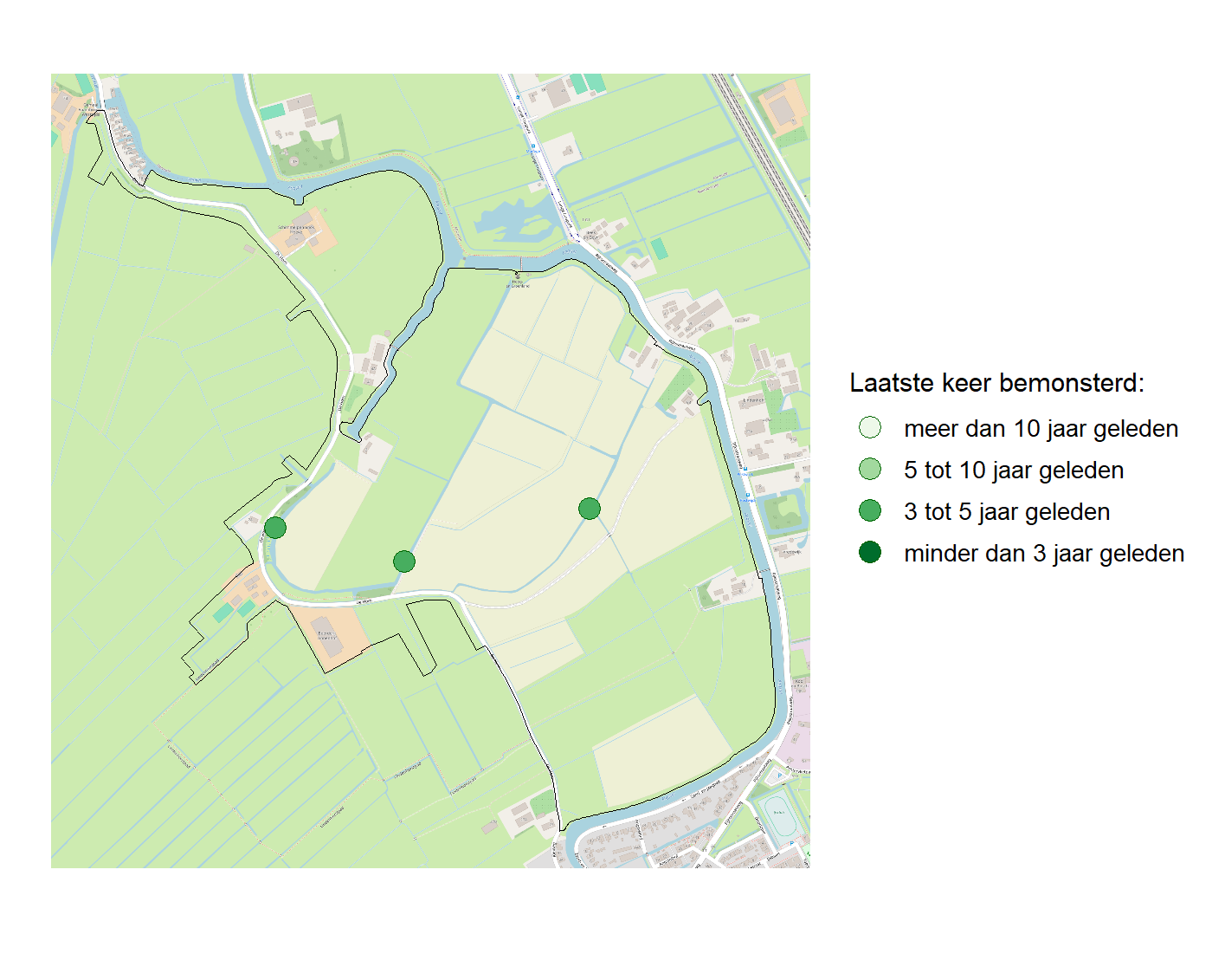 Kaart met meetlocaties waar waterplanten worden gemeten (groene stippen). Het laatste meetjaar waarin een locatie is bemonsterd is weergegeven in verschillende tinten groen.