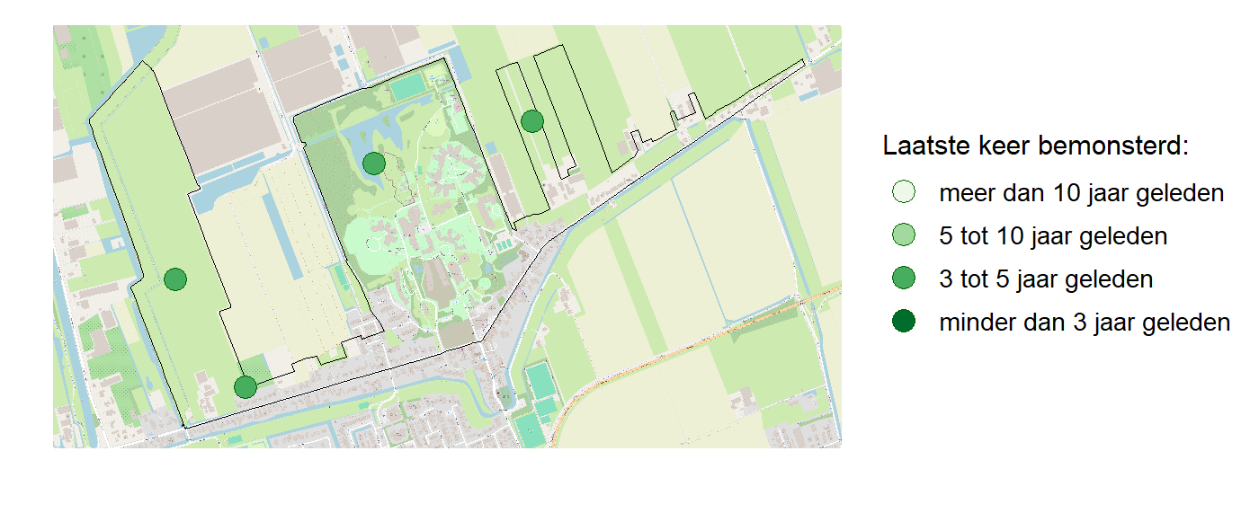 Kaart met meetlocaties waar waterplanten worden gemeten (groene stippen). Het laatste meetjaar waarin een locatie is bemonsterd is weergegeven in verschillende tinten groen.