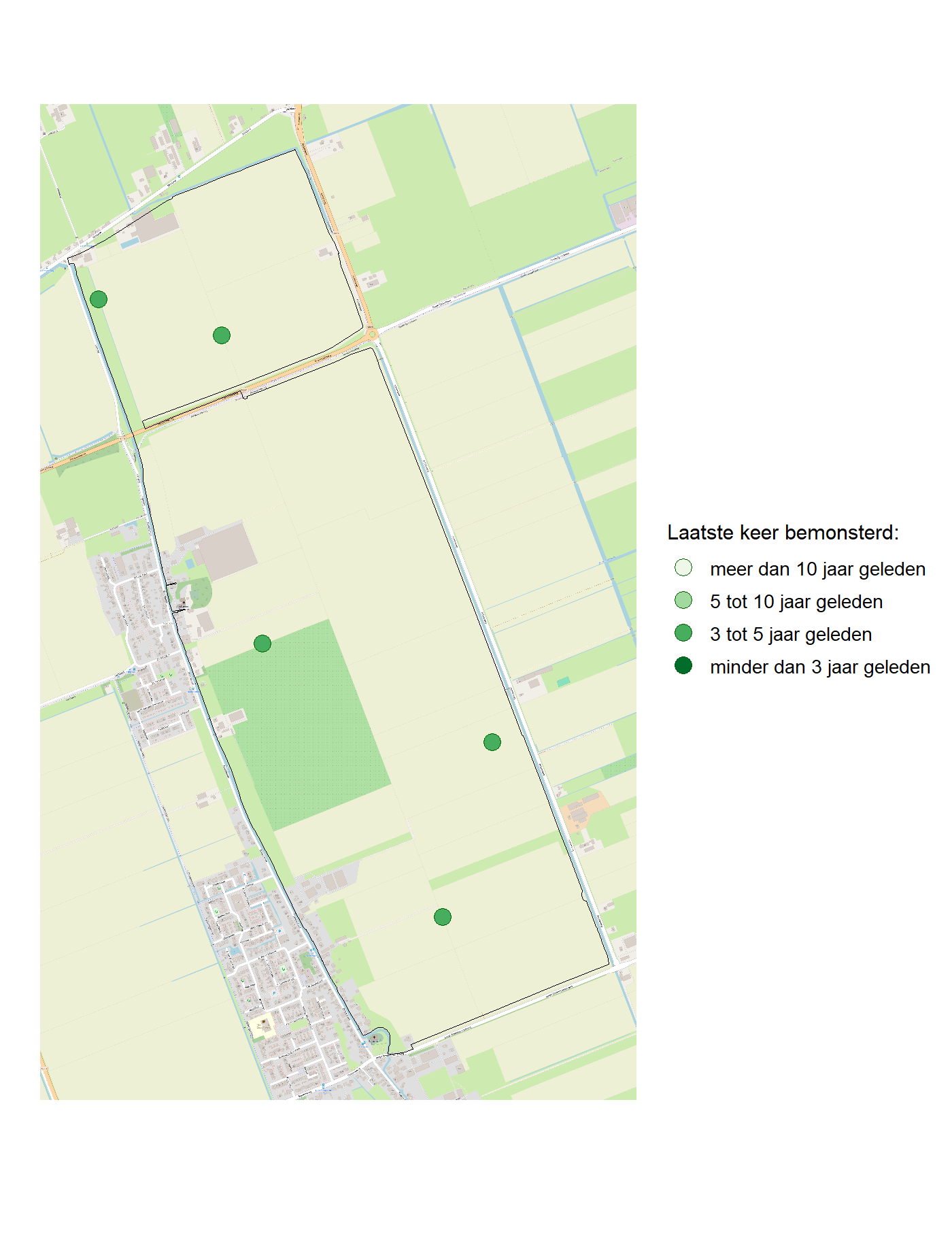 Kaart met meetlocaties waar waterplanten worden gemeten (groene stippen). Het laatste meetjaar waarin een locatie is bemonsterd is weergegeven in verschillende tinten groen.