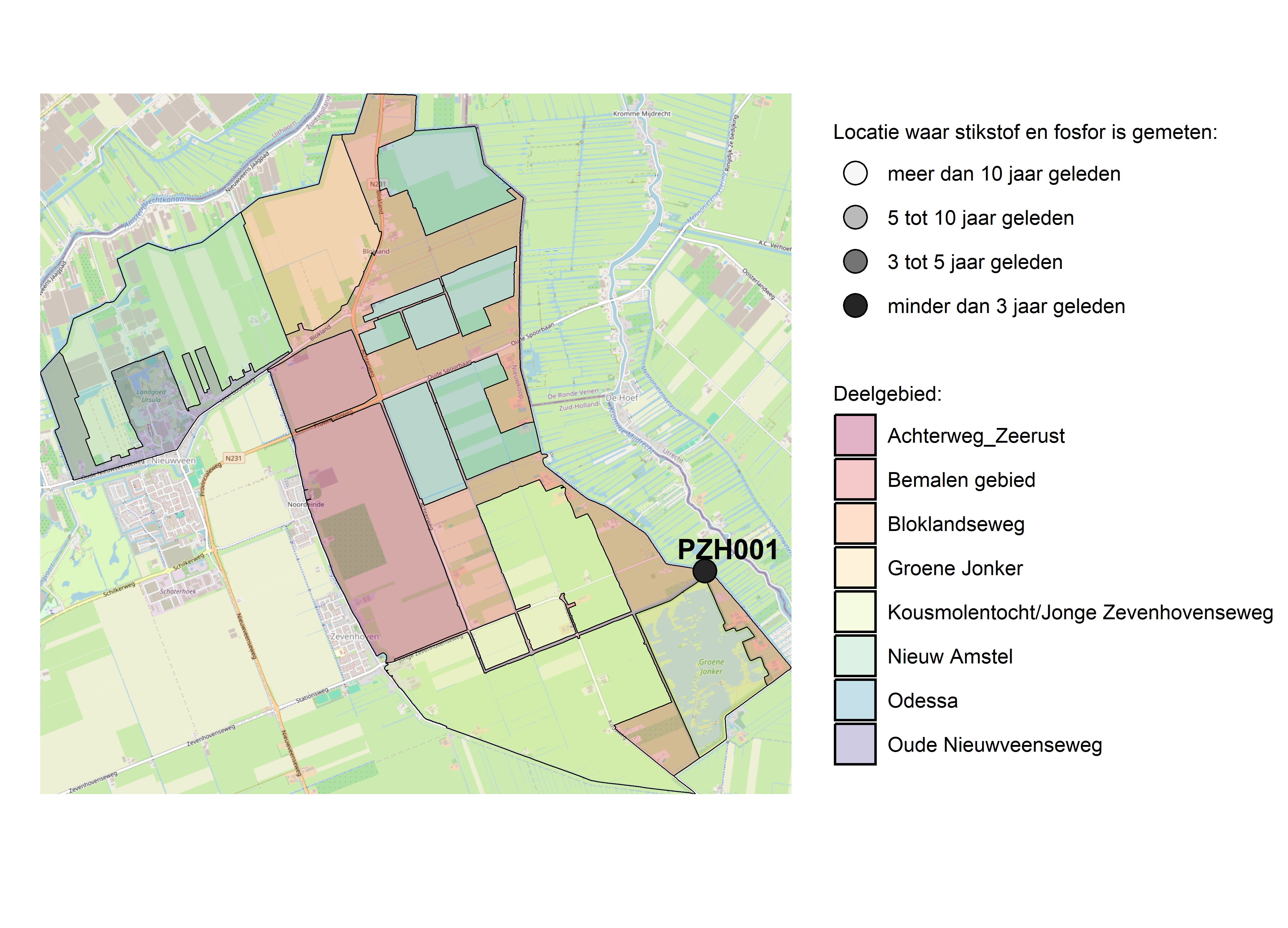 Figure 1: Kaart met meetlocaties waar stikstof en fosfor zijn gemeten. Het laatste meetjaar waarin een locatie is bemonsterd, is weergegeven in verschillende tinten grijs.