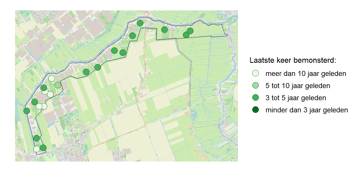 Kaart met meetlocaties waar waterplanten worden gemeten (groene stippen). Het laatste meetjaar waarin een locatie is bemonsterd is weergegeven in verschillende tinten groen.