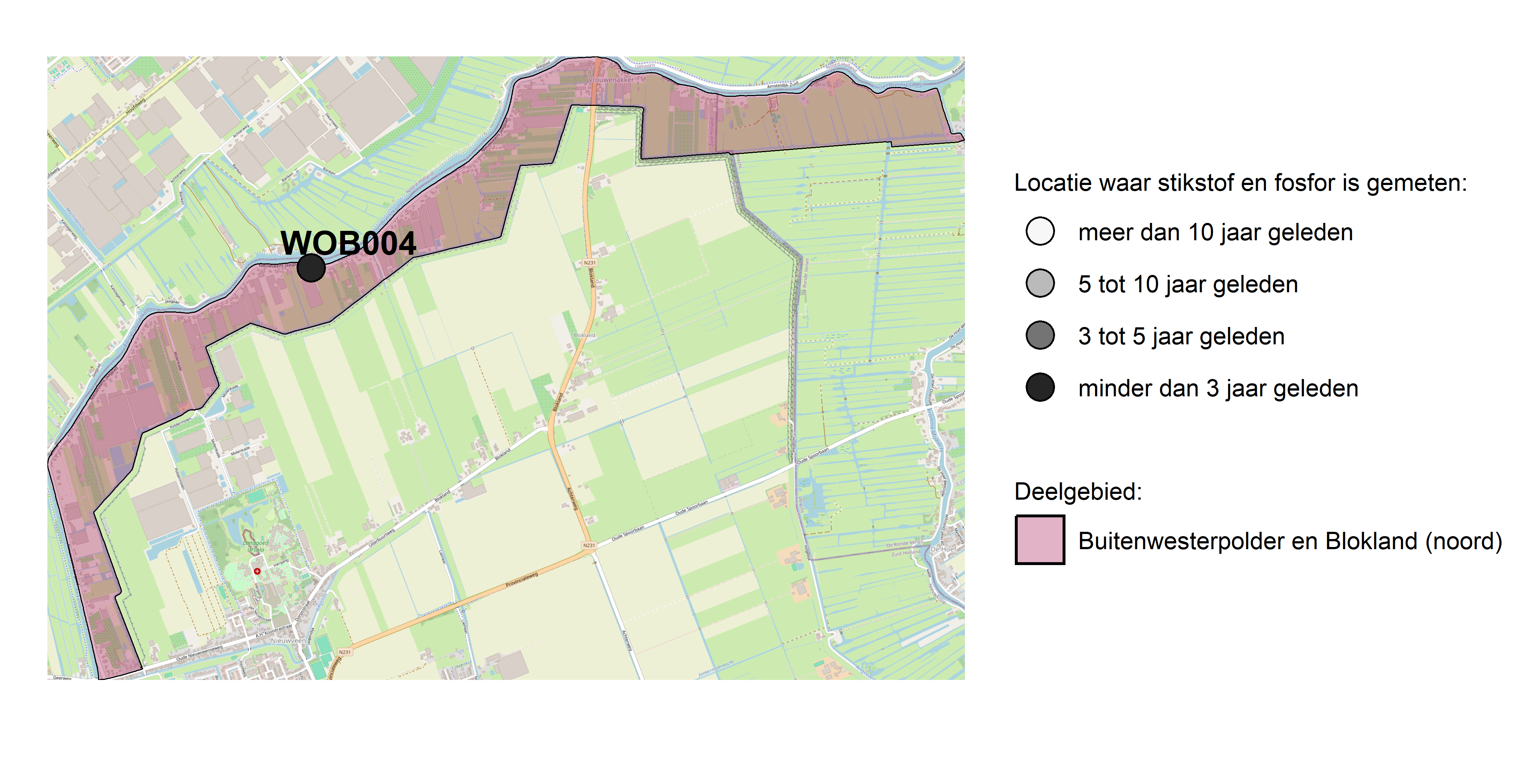 Figure 1: Kaart met meetlocaties waar stikstof en fosfor zijn gemeten. Het laatste meetjaar waarin een locatie is bemonsterd, is weergegeven in verschillende tinten grijs.