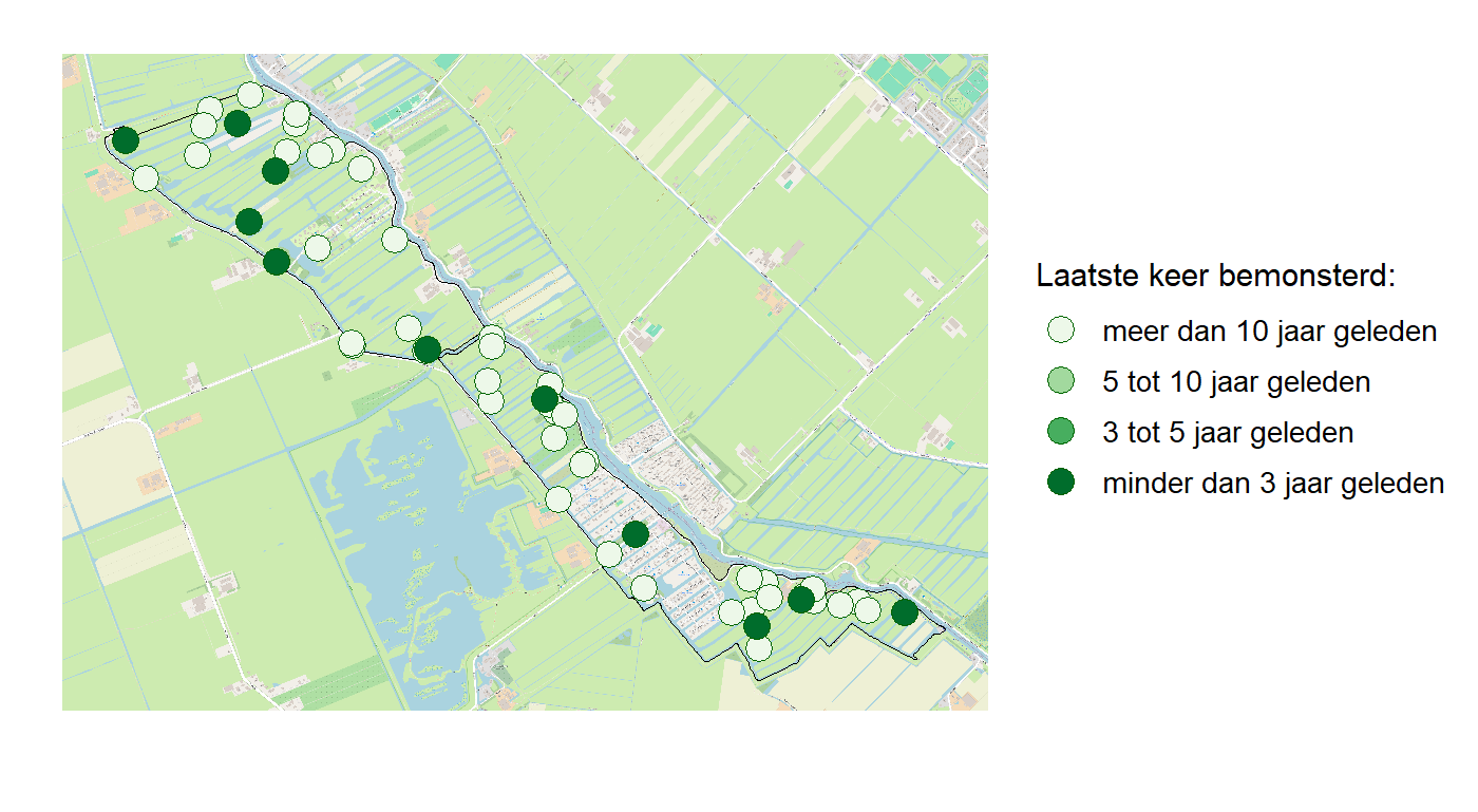 Kaart met meetlocaties waar waterplanten worden gemeten (groene stippen). Het laatste meetjaar waarin een locatie is bemonsterd is weergegeven in verschillende tinten groen.