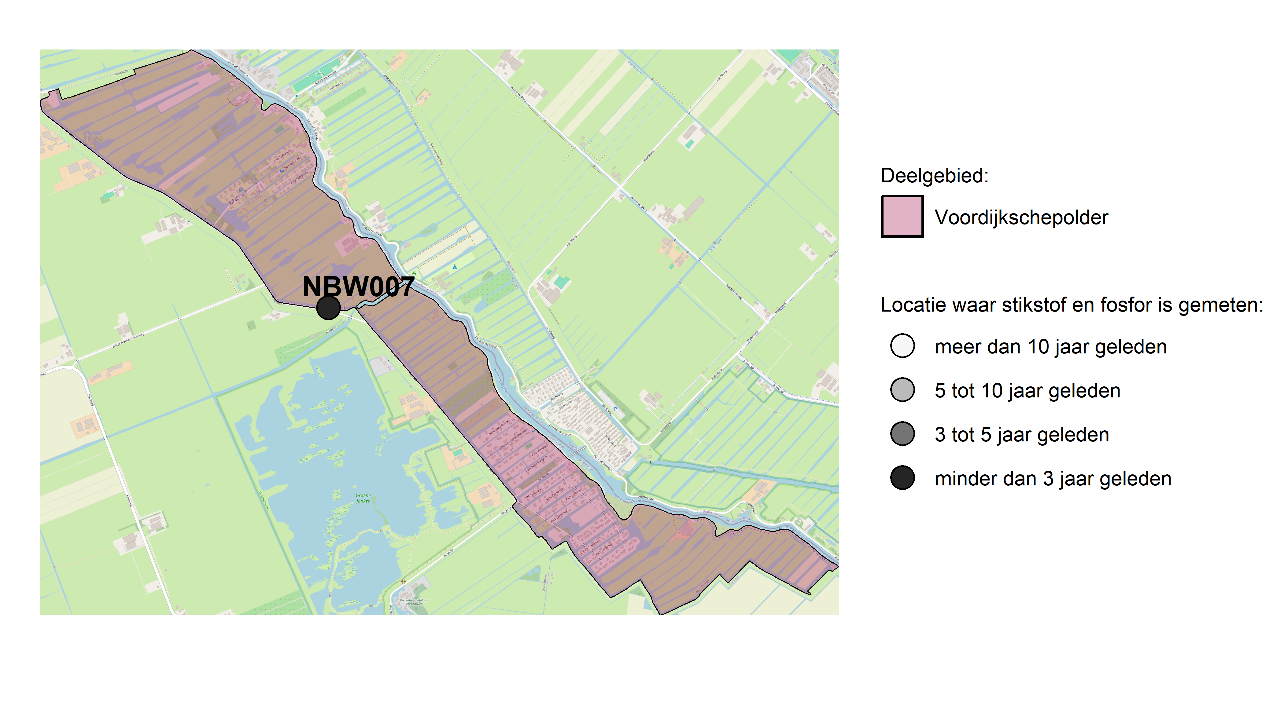 Figure 1: Kaart met meetlocaties waar stikstof en fosfor zijn gemeten. Het laatste meetjaar waarin een locatie is bemonsterd, is weergegeven in verschillende tinten grijs.