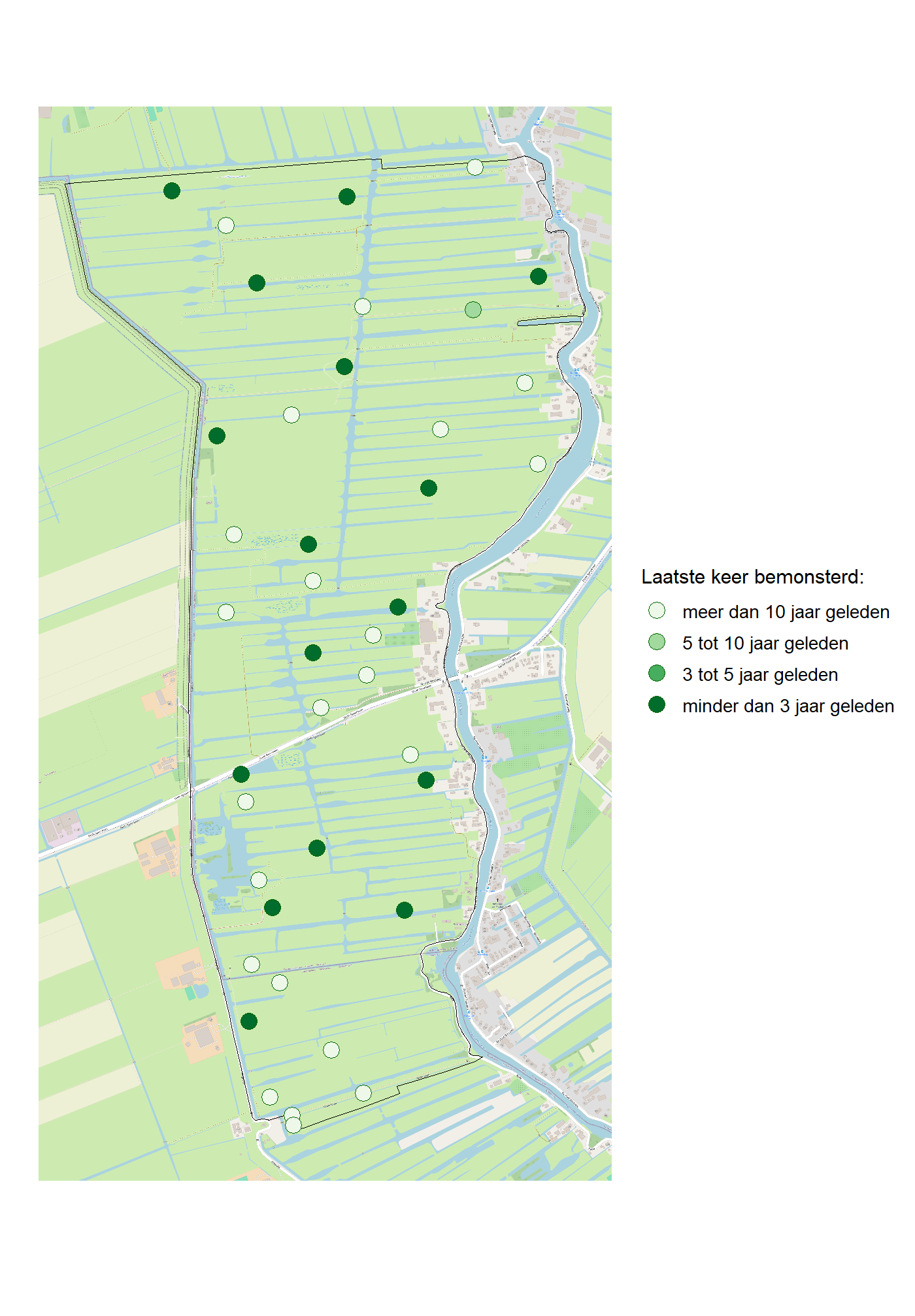 Kaart met meetlocaties waar waterplanten worden gemeten (groene stippen). Het laatste meetjaar waarin een locatie is bemonsterd is weergegeven in verschillende tinten groen.