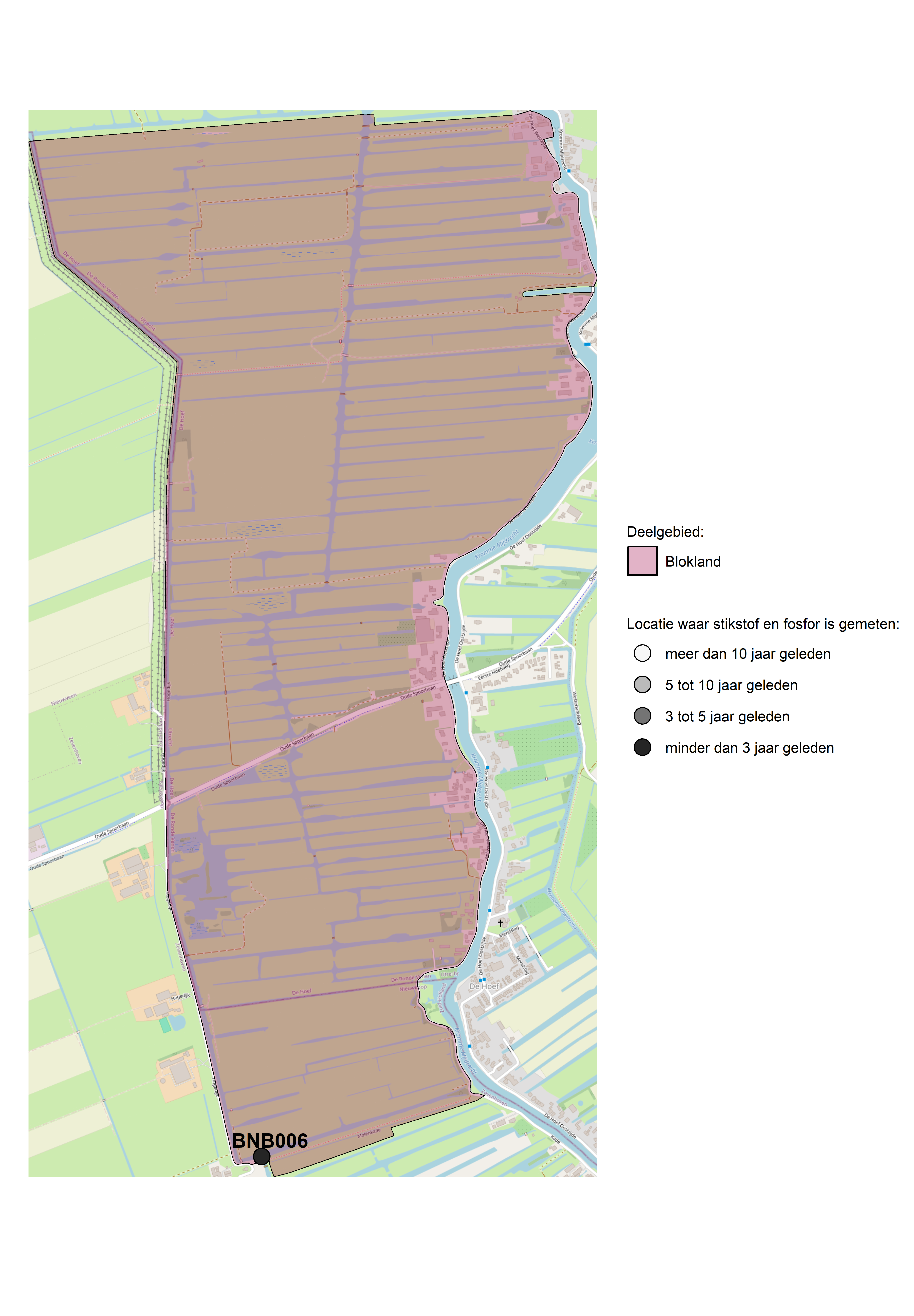 Figure 1: Kaart met meetlocaties waar stikstof en fosfor zijn gemeten. Het laatste meetjaar waarin een locatie is bemonsterd, is weergegeven in verschillende tinten grijs.